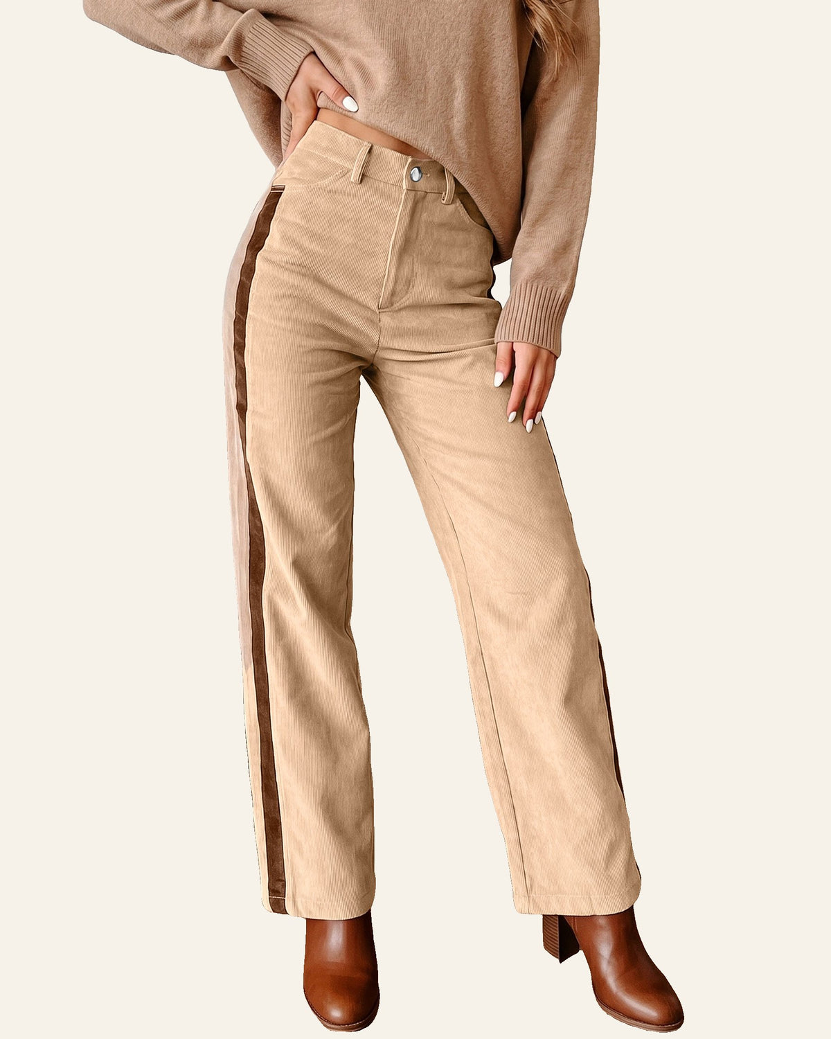 Smoke Gray Corduroy Side Panel Colorblock Straight Leg Pants