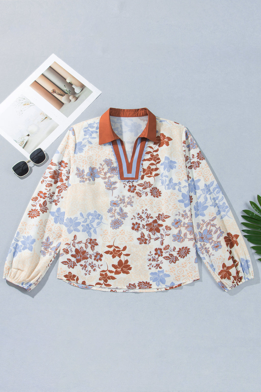White Plus Size Floral Print Contrast Collar V Neck Long Sleeve Blouse PREORDER ETA 3 WEEKS