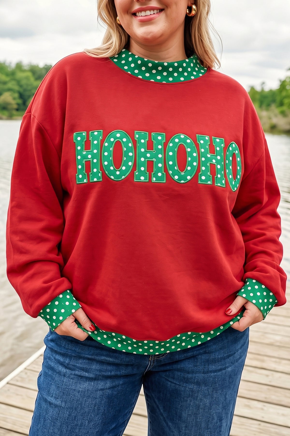 Dirty blue Casual Polka Dot Patchwork Letter Graphic Plus Size Sweatshirt PREORDER ETA 3 WEEKS