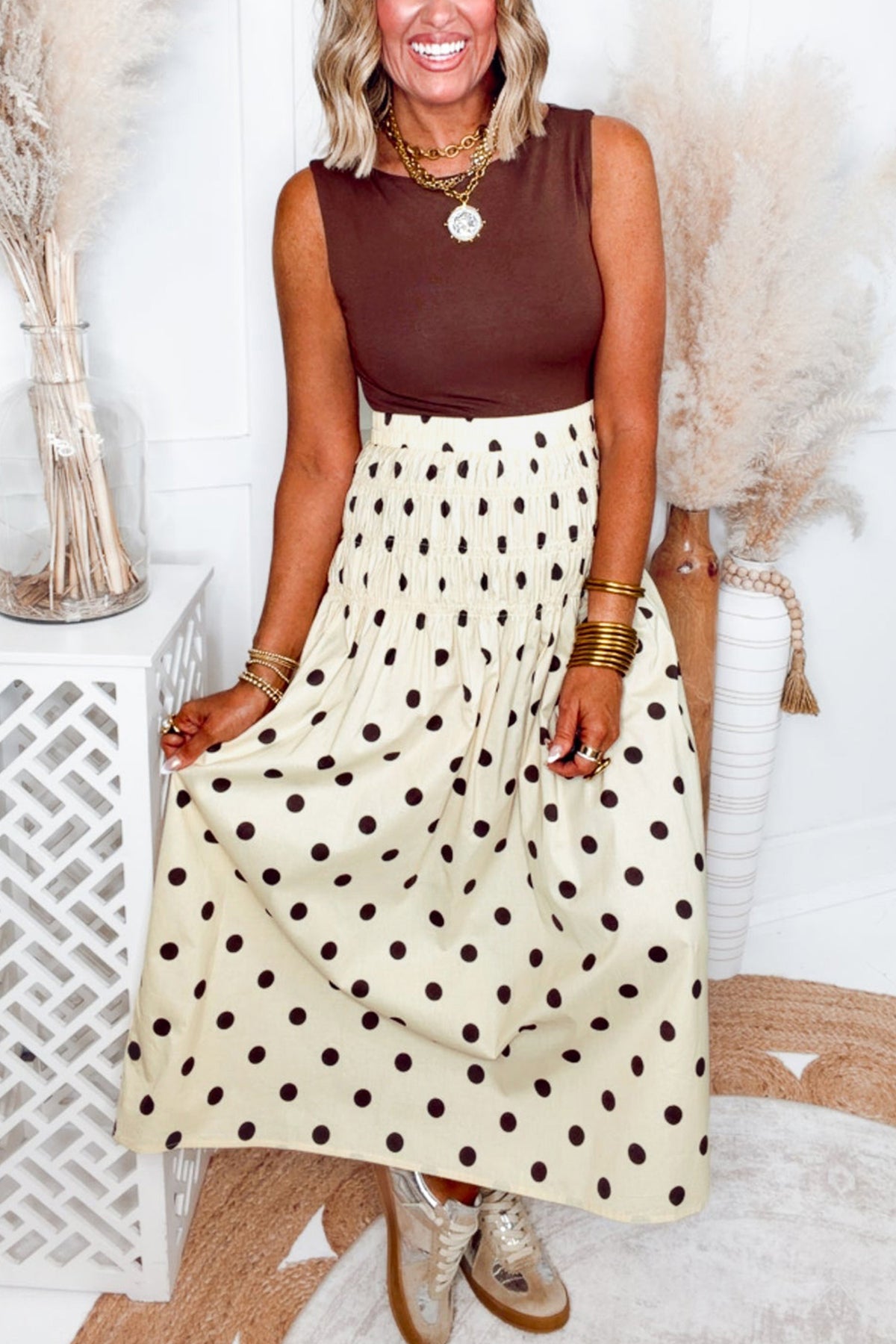 Beige Stripe Polka Dot Print Smocked High Waist Long Skirt PREORDER ETA 3 WEEKS