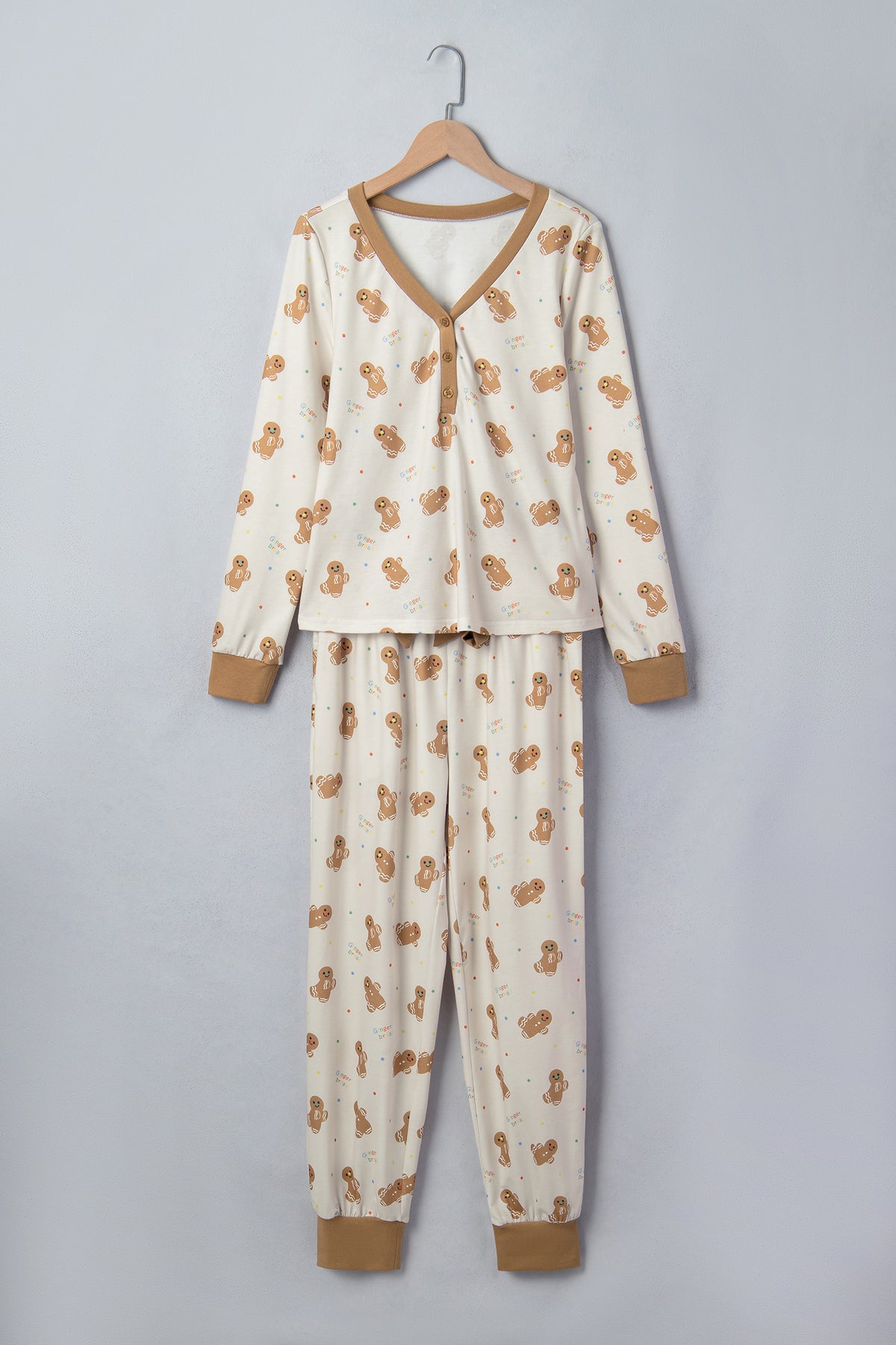 Khaki Abstract Gingerbread Print Colorblock Long Sleeve Two Piece Lounge Set PREORDER ETA 3 WEEKS