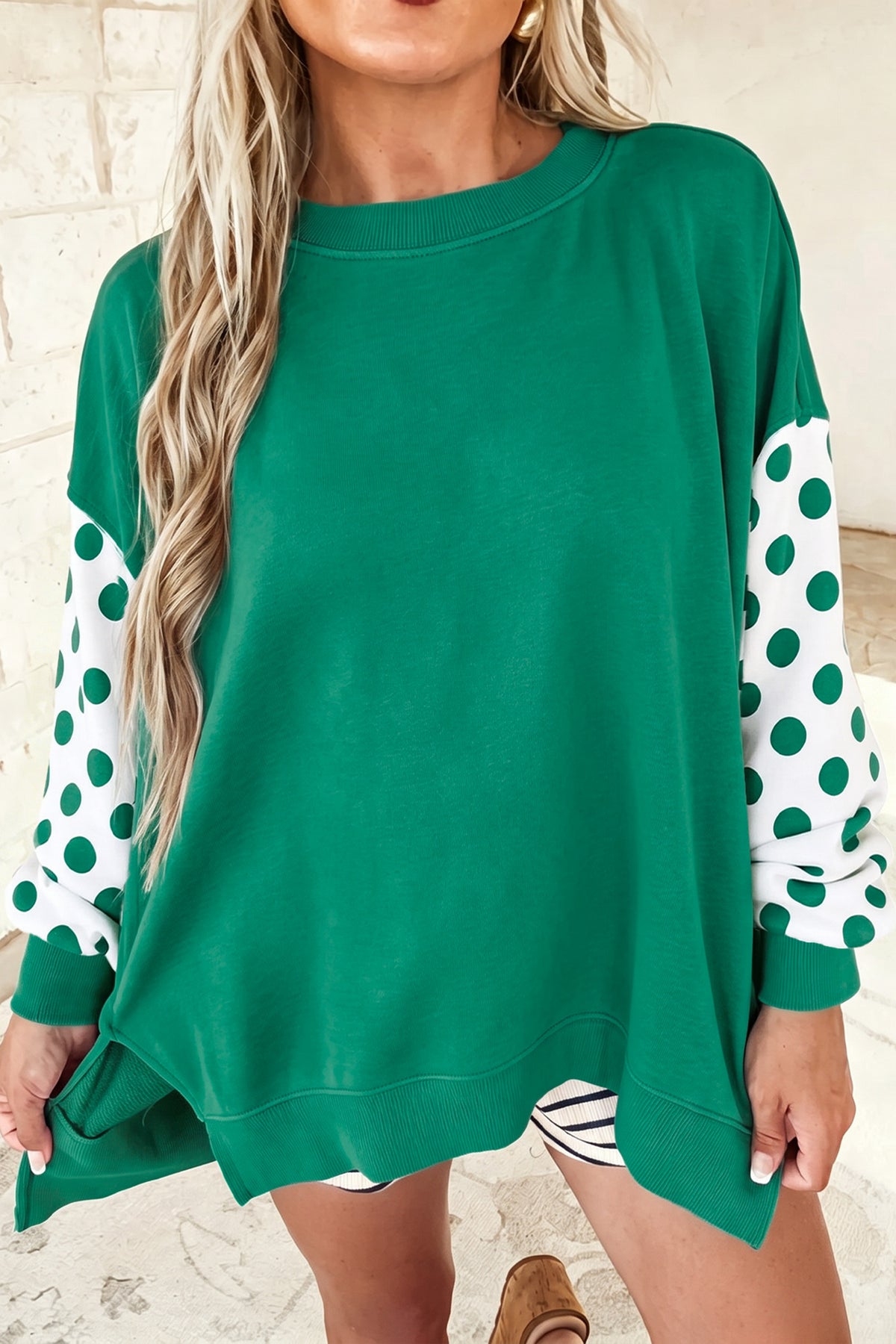 Green Polka Dot Patchwork Sleeve Crew Neck Loose Pullover Sweatshirt PREORDER ETA 3 WEEKS