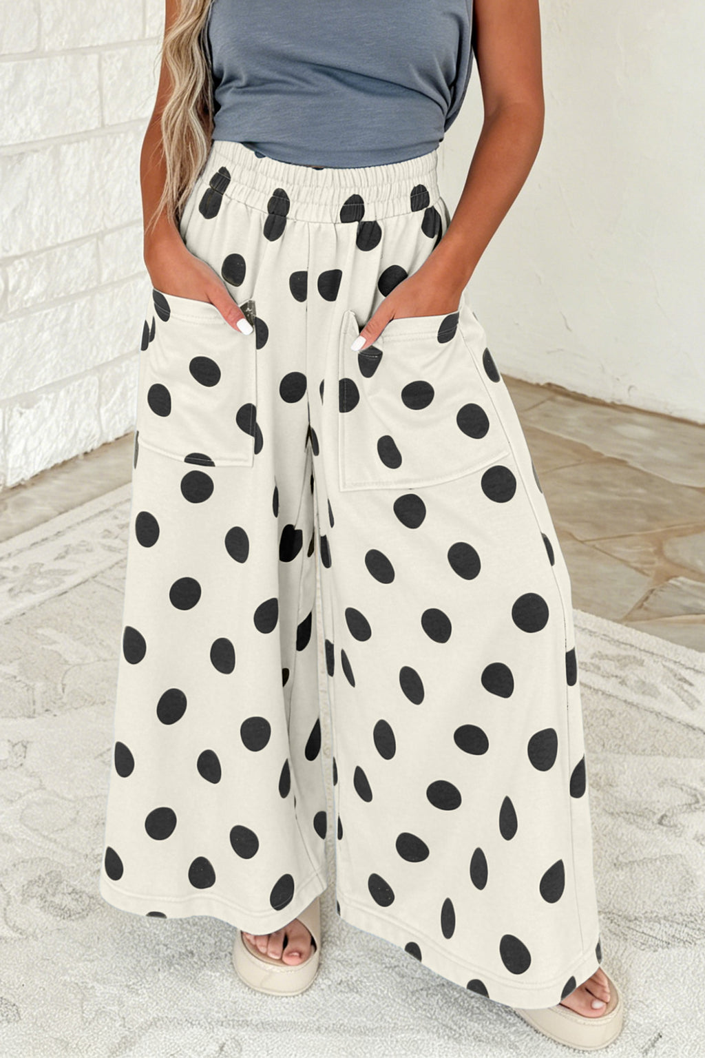 Beige Polka Dot Wide Leg Elastic Waist Casual Pants PREORDER ETA 3 WEEKS