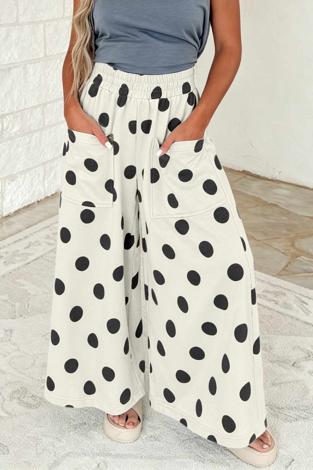 Beige Polka Dot Wide Leg Elastic Waist Casual Pants PREORDER ETA 3 WEEKS