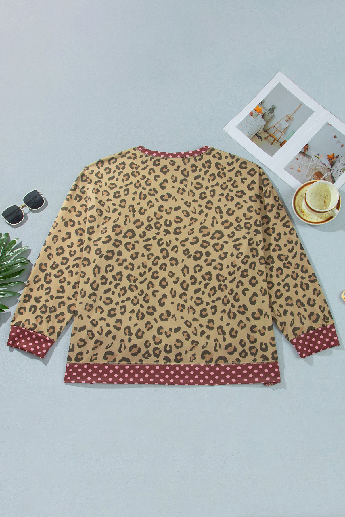 Brown Plus Size Leopard Print Contrast Polka Dot Trim Long Sleeve Top PREORDER ETA 3 WEEKS