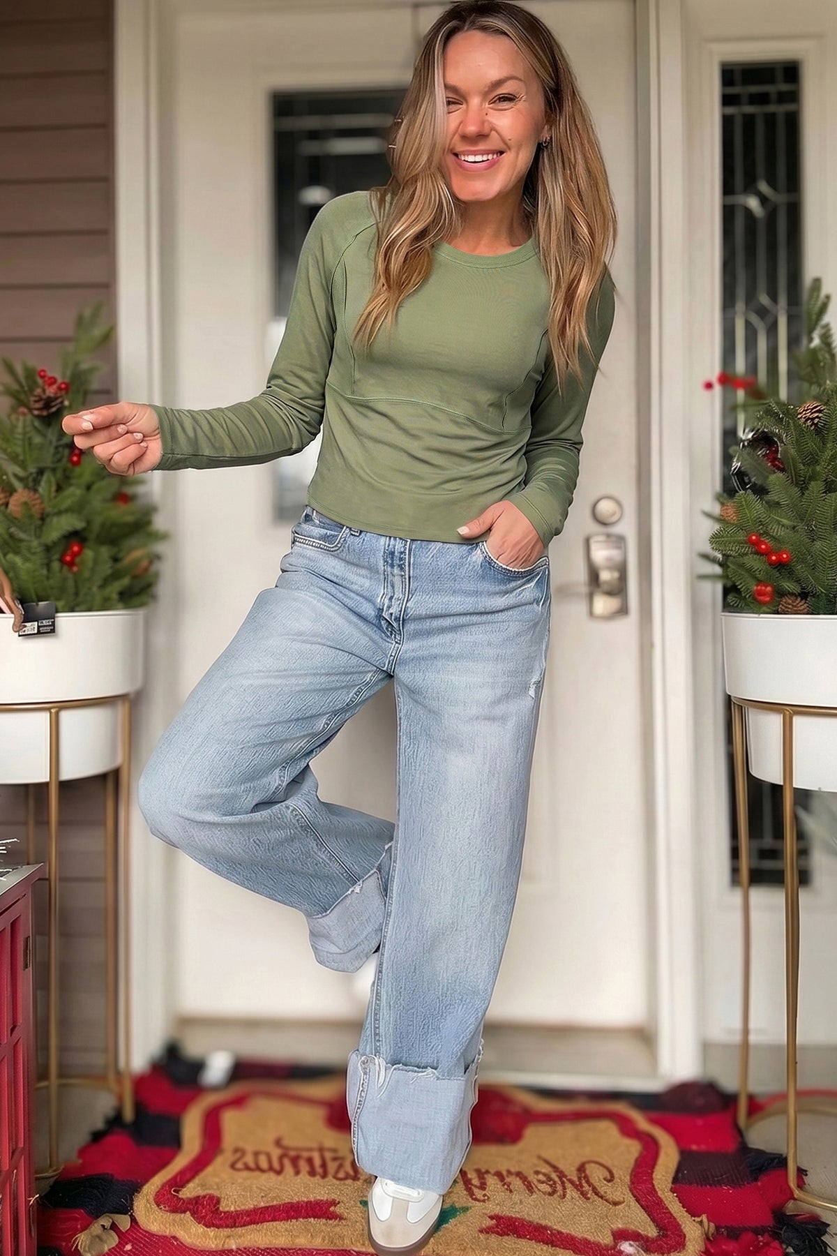 Guacamole Green Round Neck Paneling Long Sleeve Top PREORDER ETA 3 WEEKS