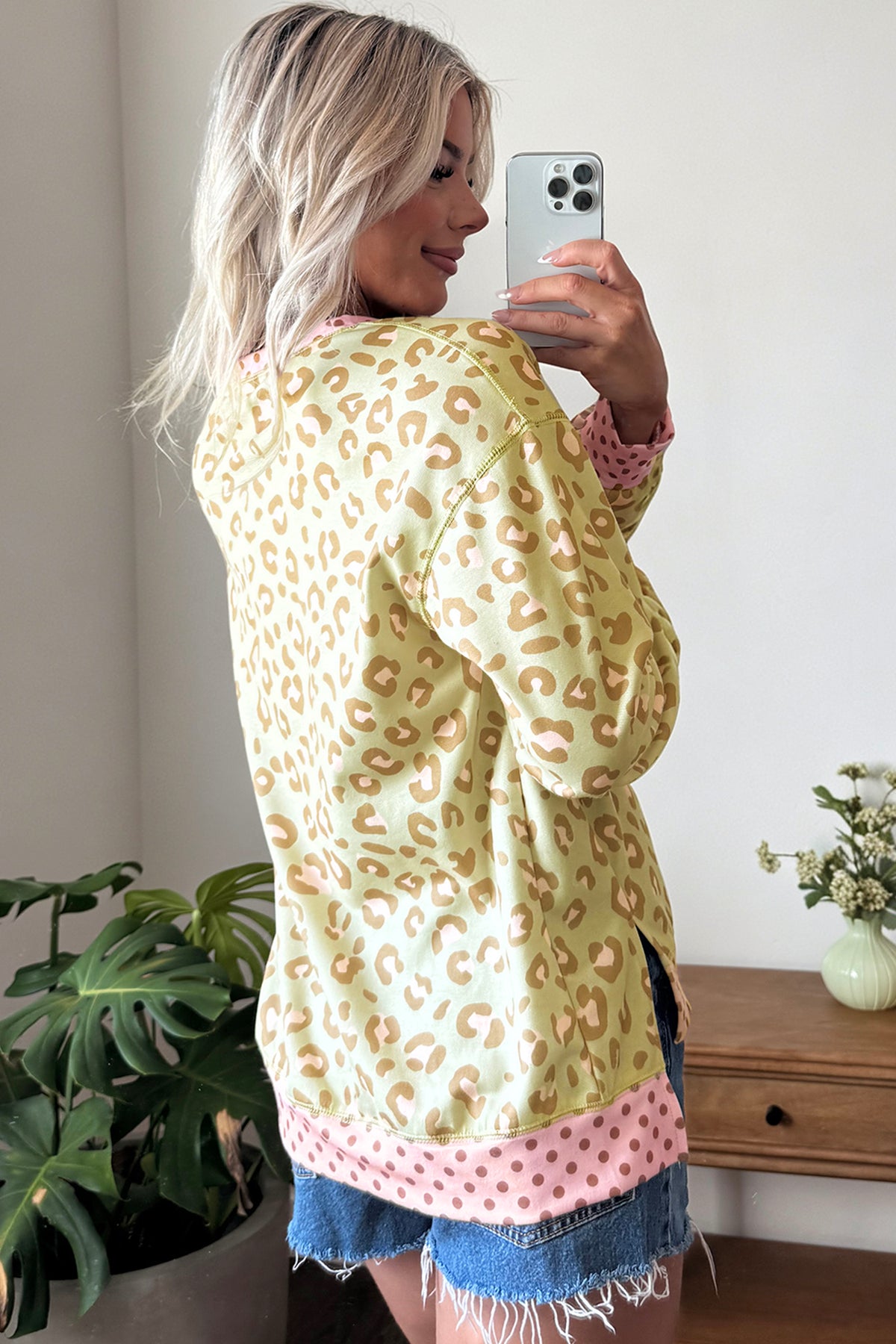 Khaki Leopard Polka Dot Colorblock Trim Long Sleeve Top PREORDER ETA 3 WEEKS
