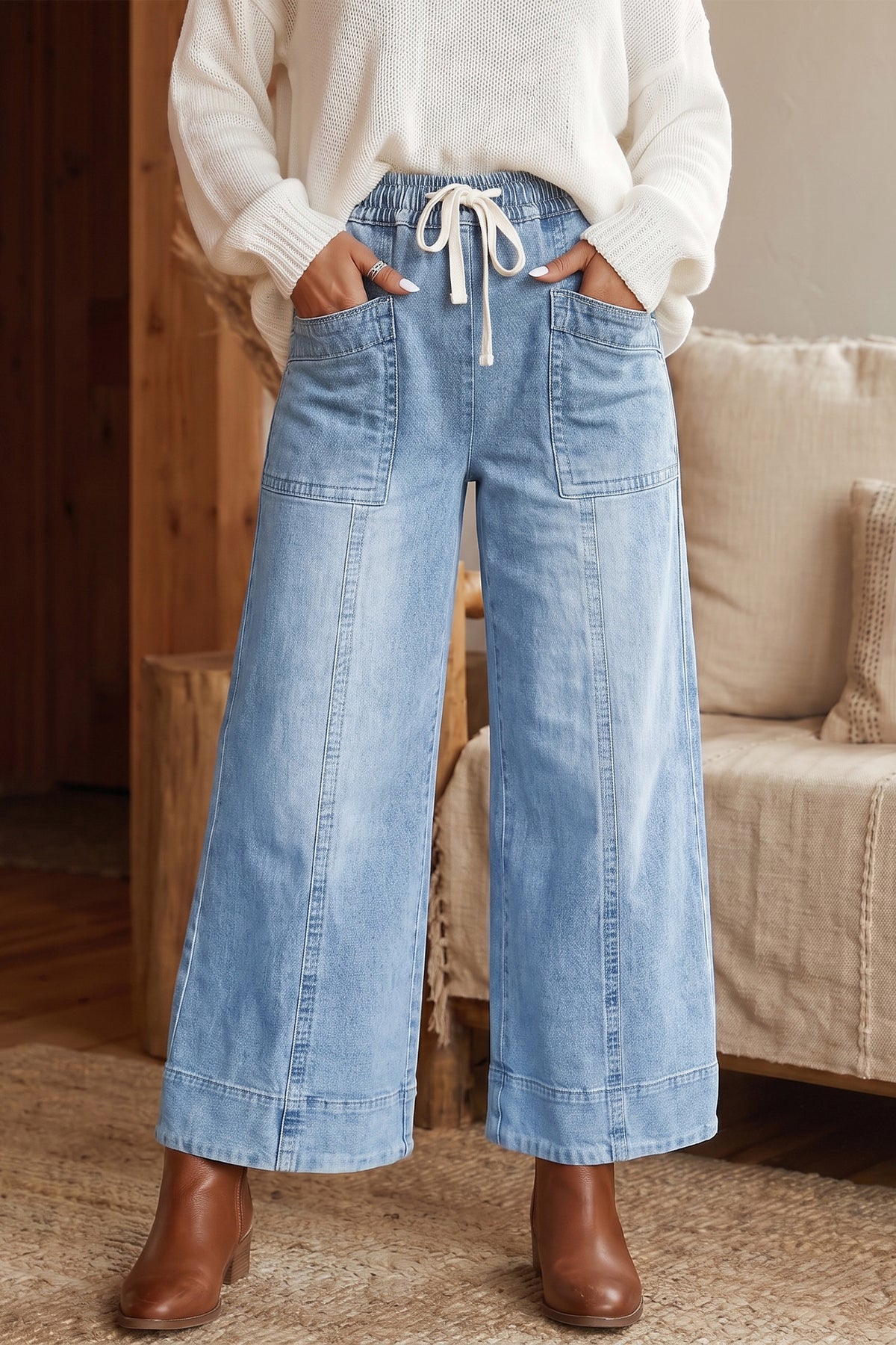 Beau Blue Drawstring Waist Wide Leg Ankle Length Jeans PREORDER ETA 3 WEEKS