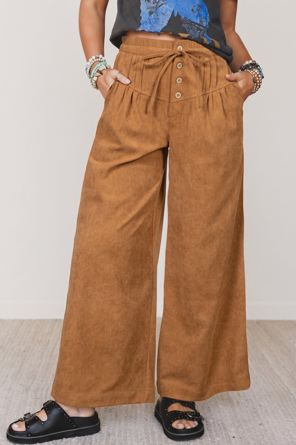 Thai Curry Elastic Waist Wooden Button Placket Ankle Length Wide Leg Pants PREORDER ETA 3 WEEKS