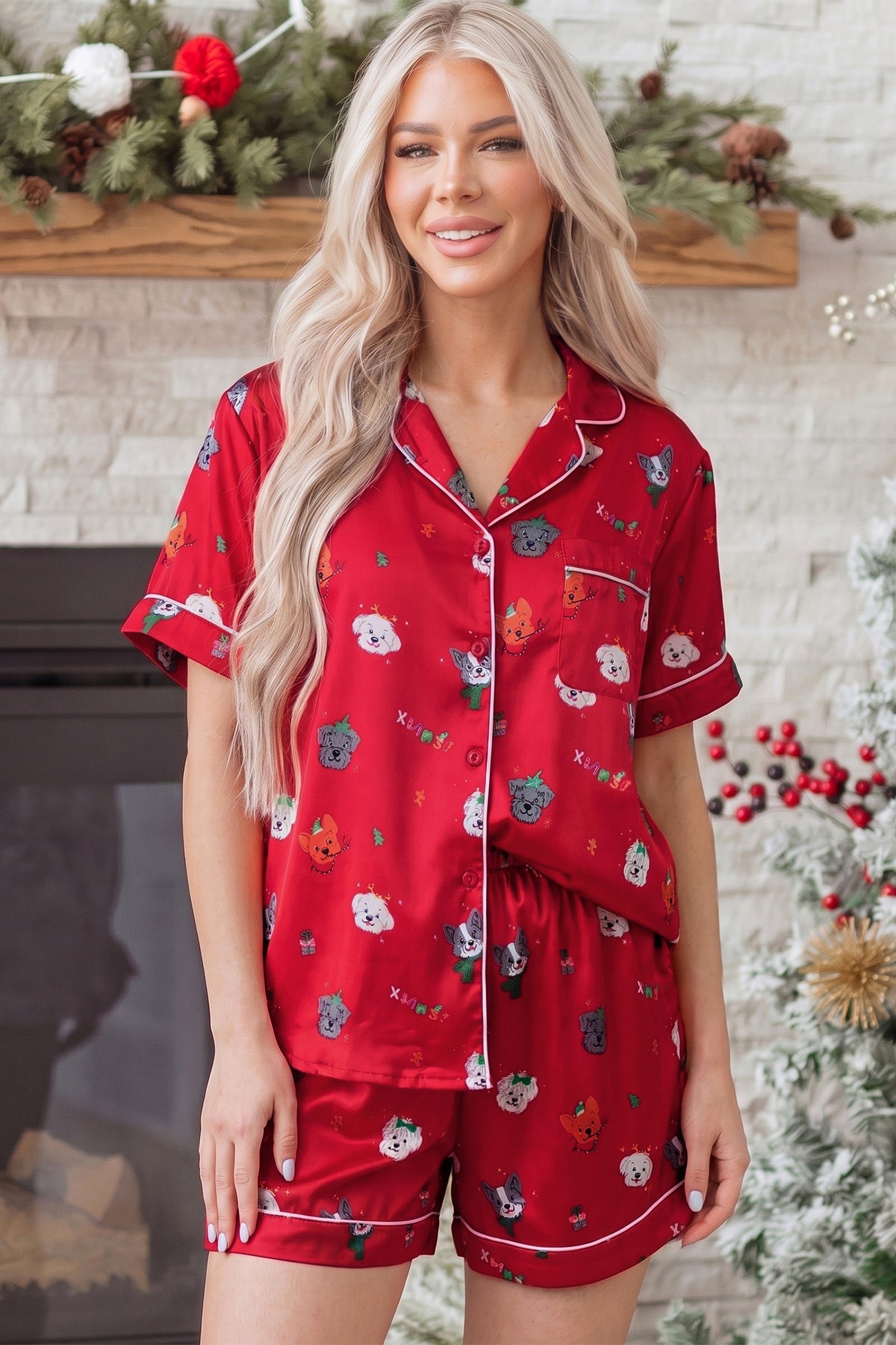 Racing Red Festive Dog Print Short Sleeve Two Piece Lounge Set PREORDER ETA 3 WEEKS