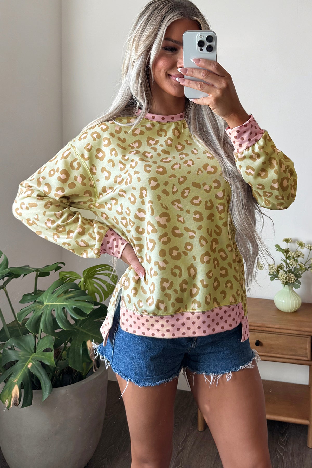 Khaki Leopard Polka Dot Colorblock Trim Long Sleeve Top PREORDER ETA 3 WEEKS