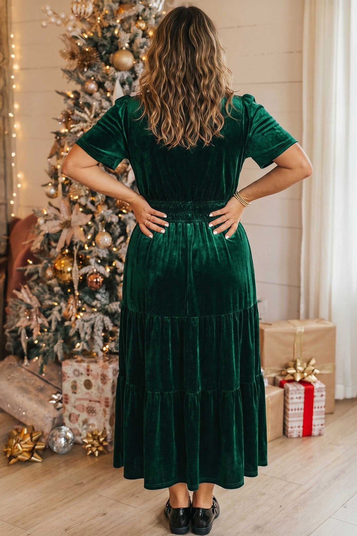 Blackish Green Velvet Short Sleeve Shirred Waist Tiered Plus Size Maxi Dress PREORDER ETA 3 WEEKS