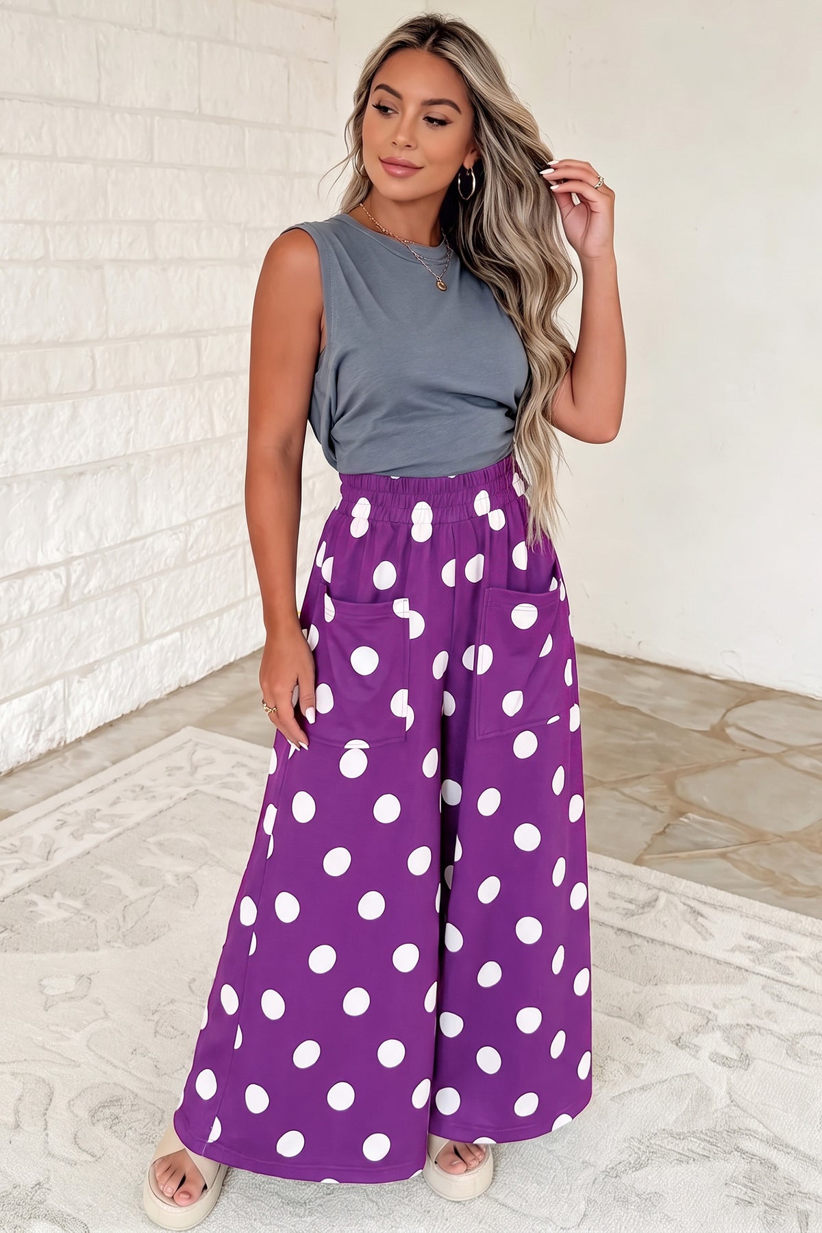 Purple Polka Dot Wide Leg Elastic Waist Casual Pants PREORDER ETA 3 WEEKS
