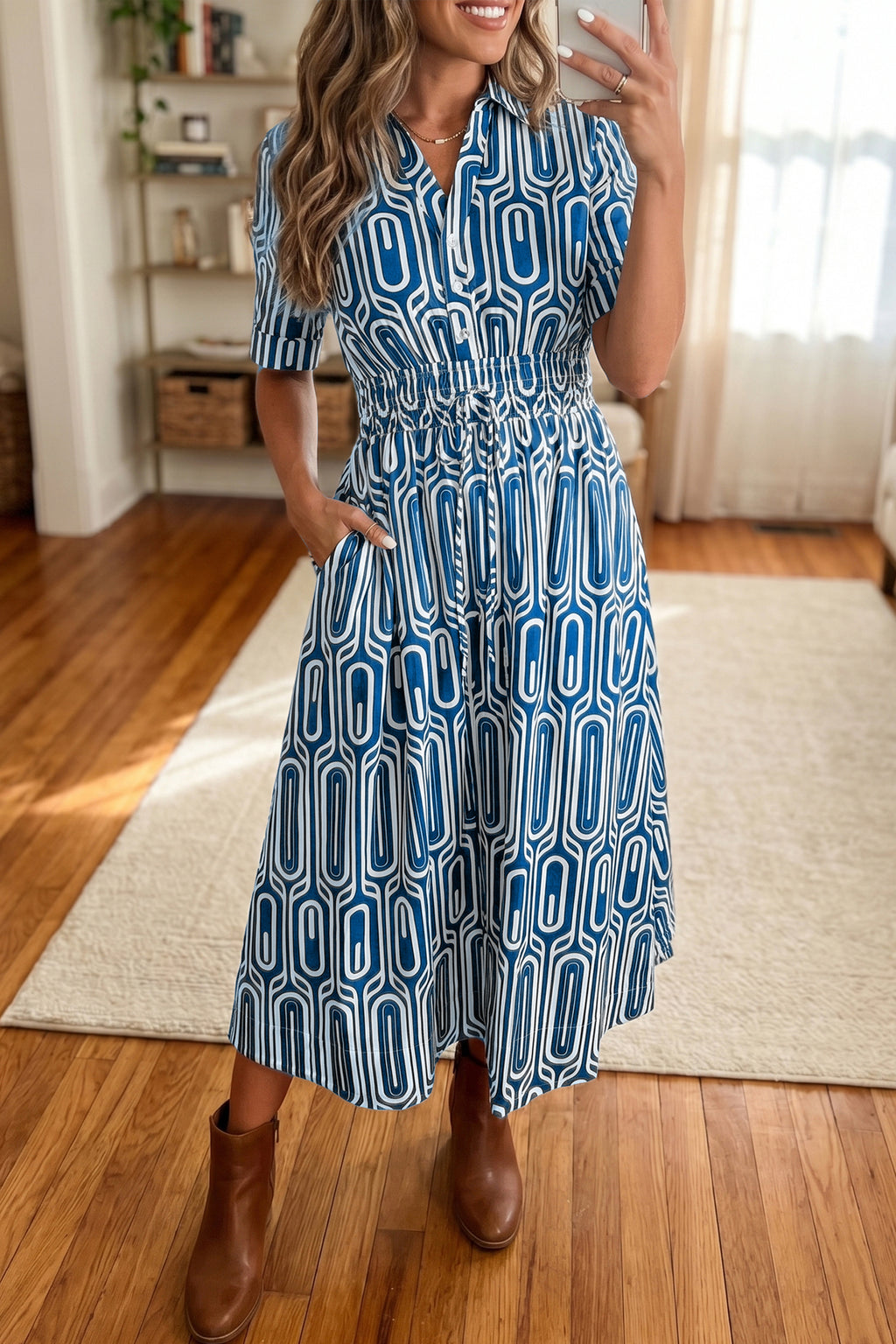 Blue Geometric Print Short Sleeve Drawstring Shirt Collar Dress PREORDER ETA 3 WEEKS