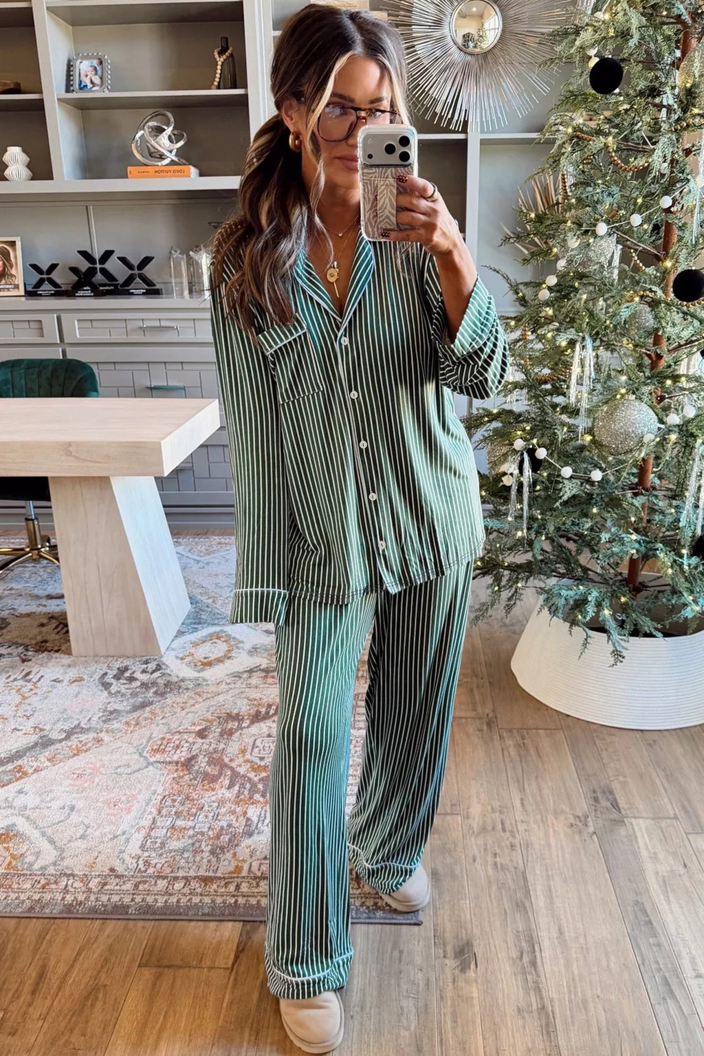 Green Stripe Chest Pocket Lapel Shirt Piping Trim Pajama Pant Set PREORDER ETA 3 WEEKS