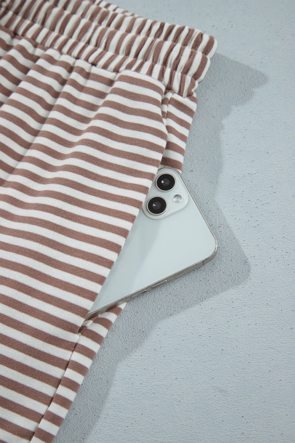 Khaki Stripe Color Block Patchwork Long Sleeve Top Drawstring Shorts Set PREORDER ETA 3 WEEKS