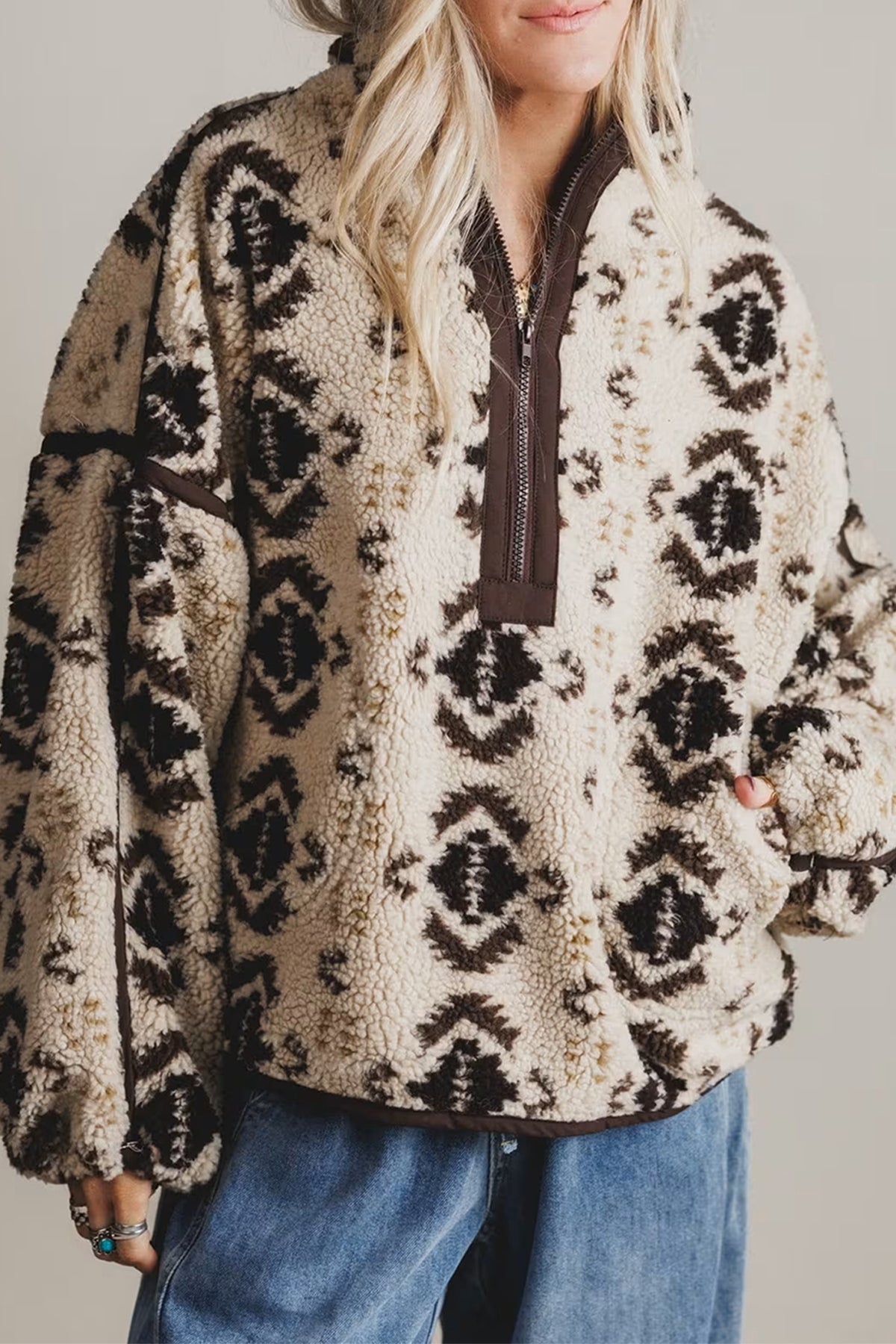 Khaki Western Print Geometric Fleece Pullover Sweatshirt PREORDER ETA 3 WEEKS