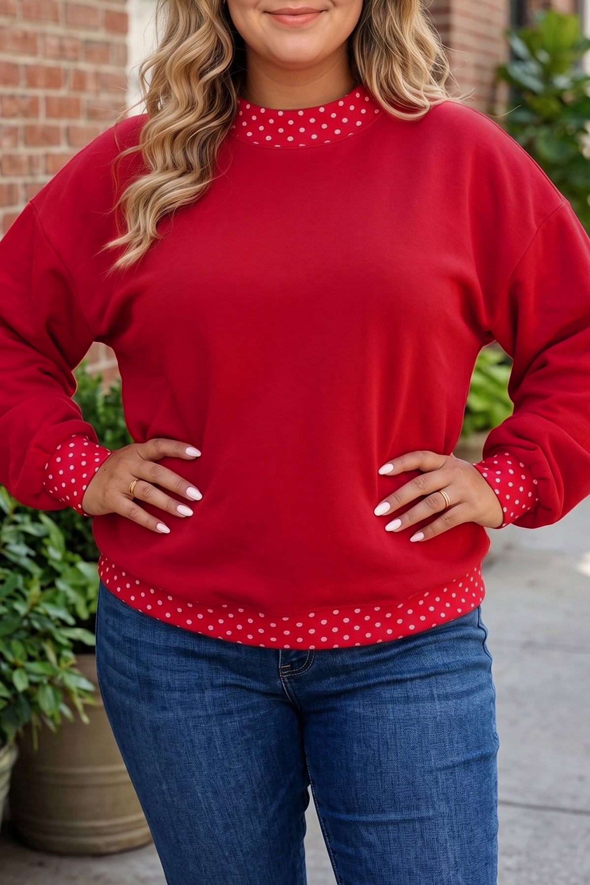 Brown Polka Dot Patchwork Round Neck Plus Size Sweatshirt PREORDER ETA 3 WEEKS