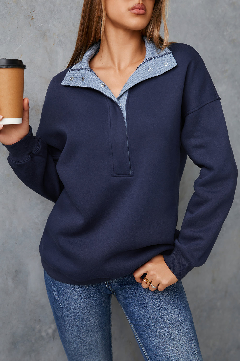 Dirty blue Drop Shoulder Metal Button Casual Pullover Sweatshirt PREORDER ETA 3 WEEKS