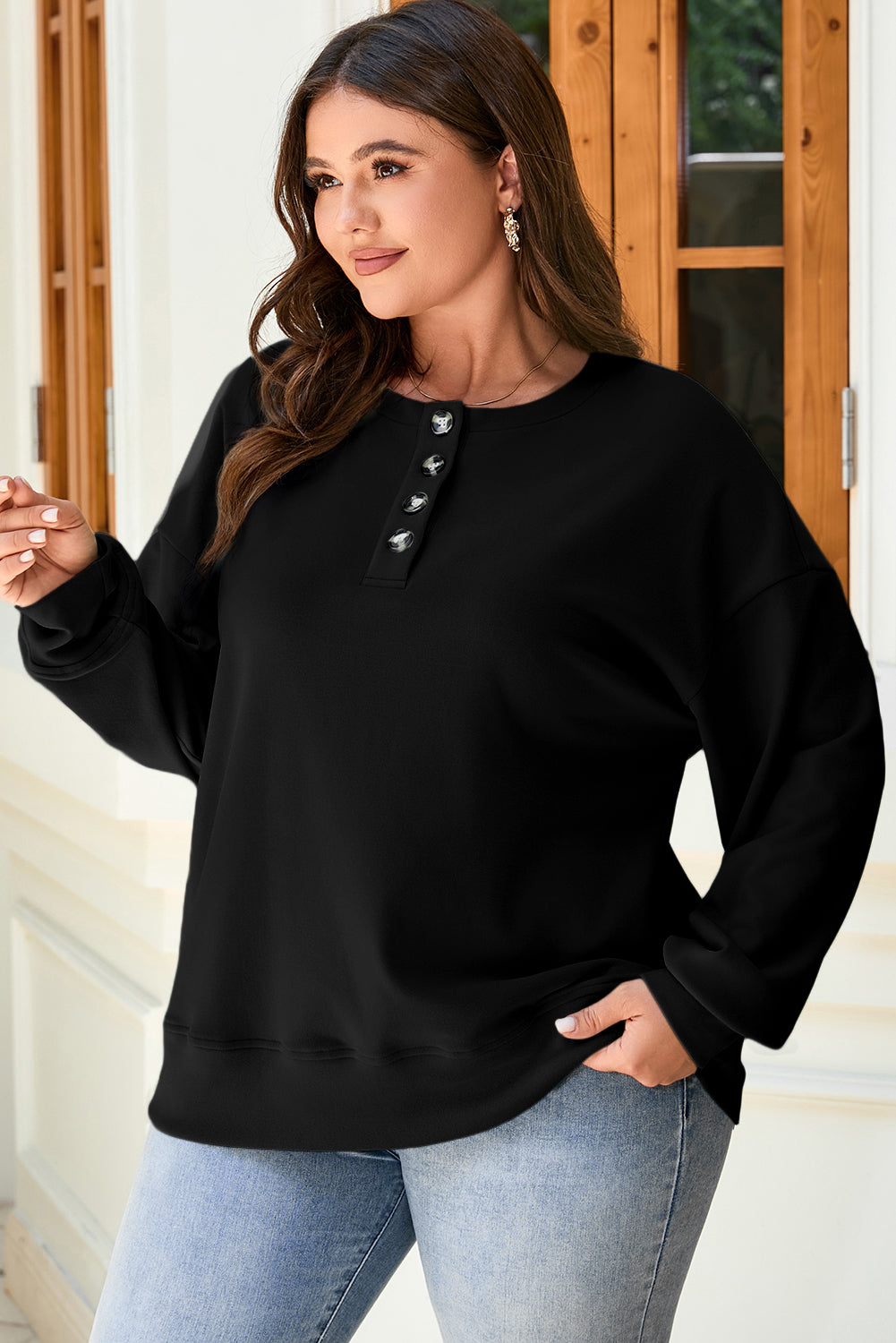 Black Solid Button Placket Crew Neck Plus Size Sweatshirt PREORDER ETA 3 WEEKS
