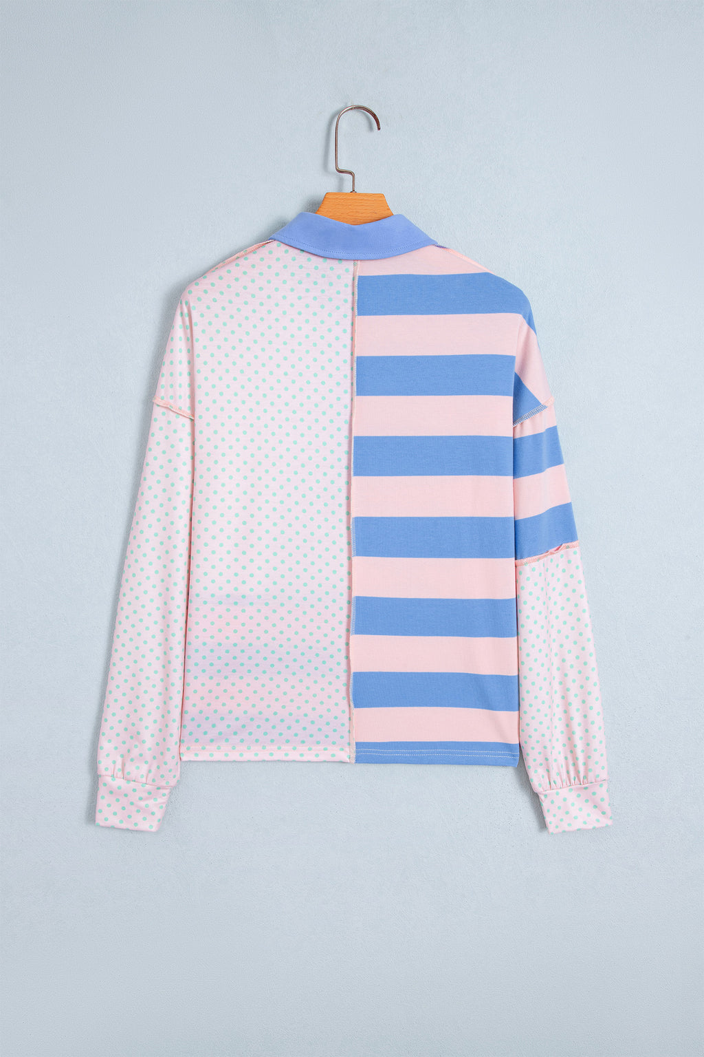 Pink Striped Polka Dot Patchwork Polo Collar Long Sleeve Top PREORDER ETA 3 WEEKS