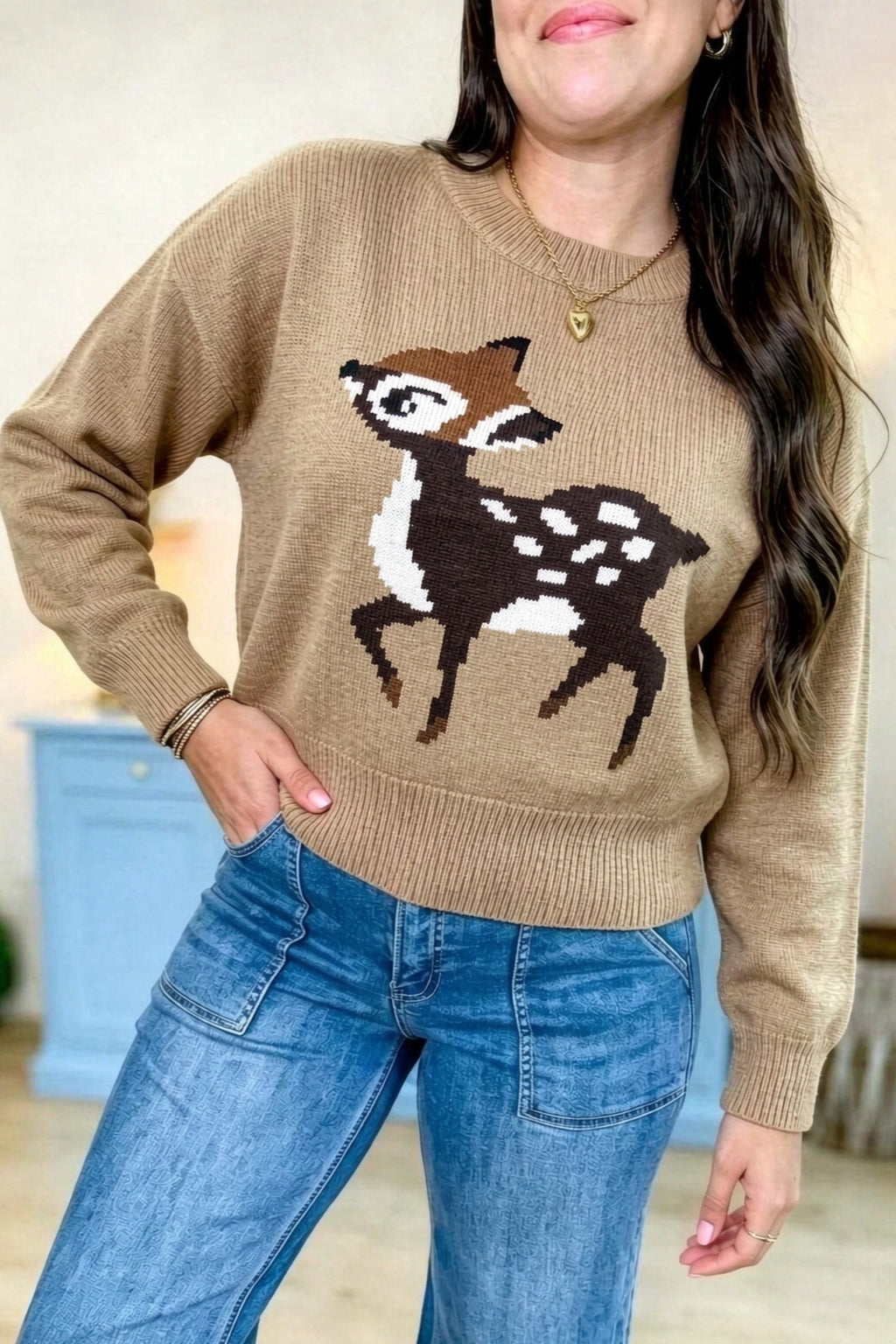 Light French Beige Cute Deer Pattern Round Neck Casual Pullover Sweater PREORDER ETA 3 WEEKS