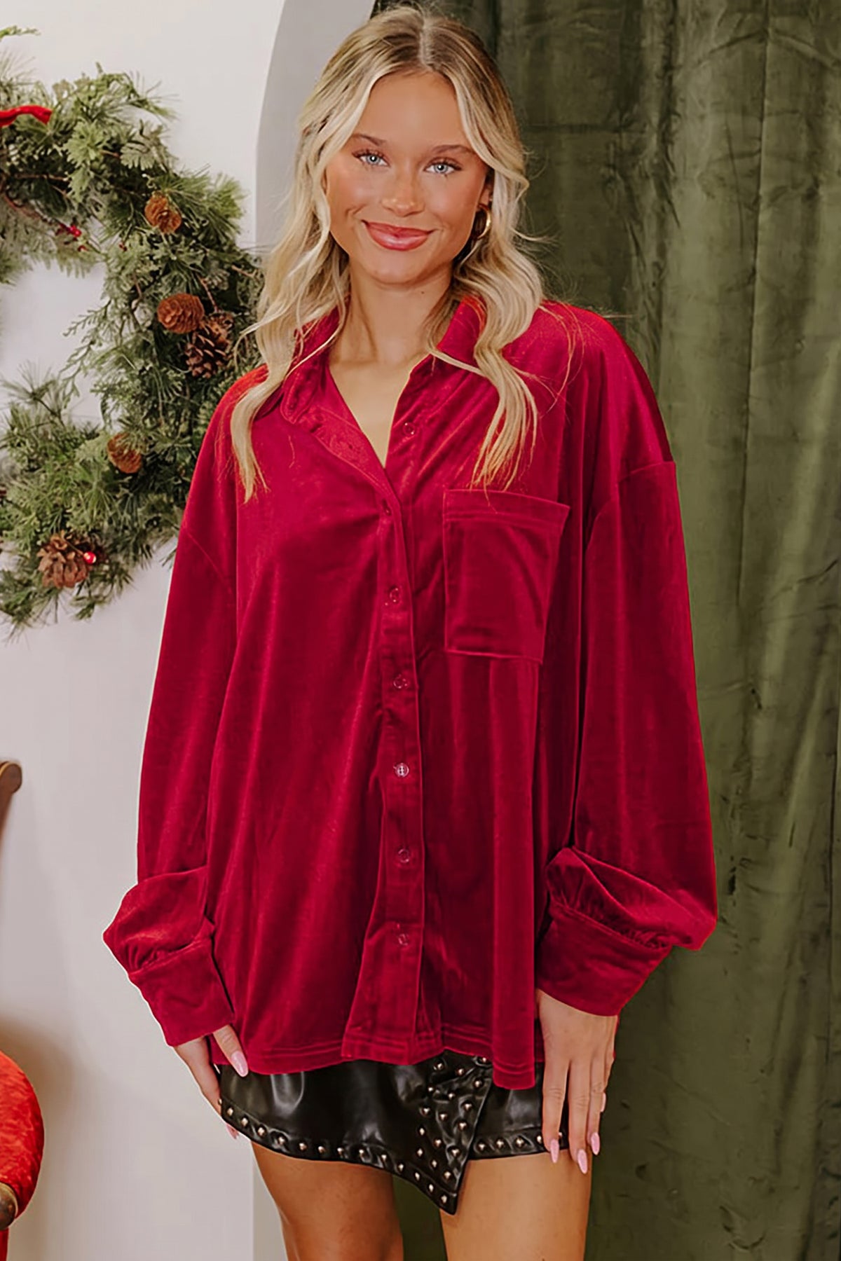 Fiery Red Soft Velvet Patch Pocket Button Down Loose Shirt PREORDER ETA 3 WEEKS