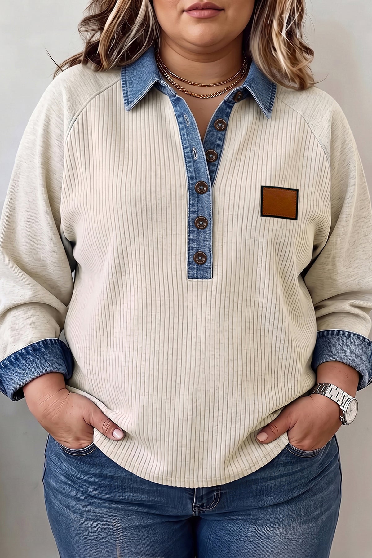 Light Grey V-Neck Long Sleeve Tunic Top with Denim Collar Cuffs Ribbed Texture Plus Size Blouse PREORDER ETA 3 WEEKS