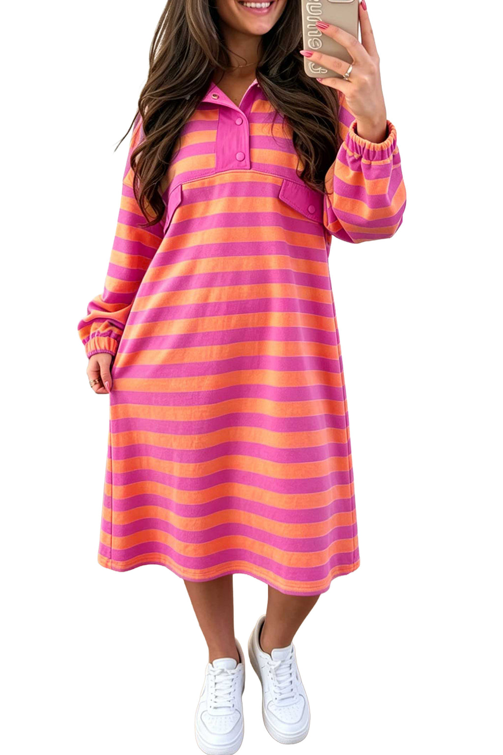 Rose Stripe Long Sleeve Polo Neck Midi Dress PREORDER ETA 3 WEEKS