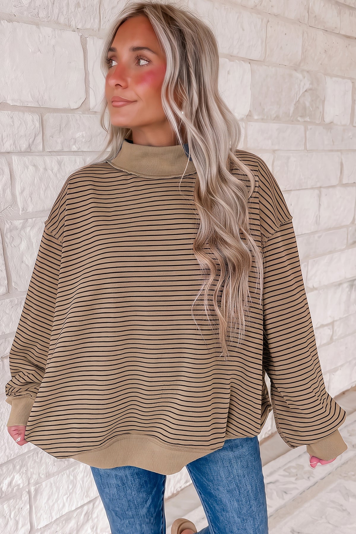 Khaki Stripe Ribbed Color Block Mock Neck Oversized Sweatshirt PREORDER ETA 3 WEEKS