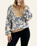 Multicolour Camouflage Print Color Block Trim Zipper Stand Neck Pullover Sweatshirt PREORDER ETA 3 WEEKS