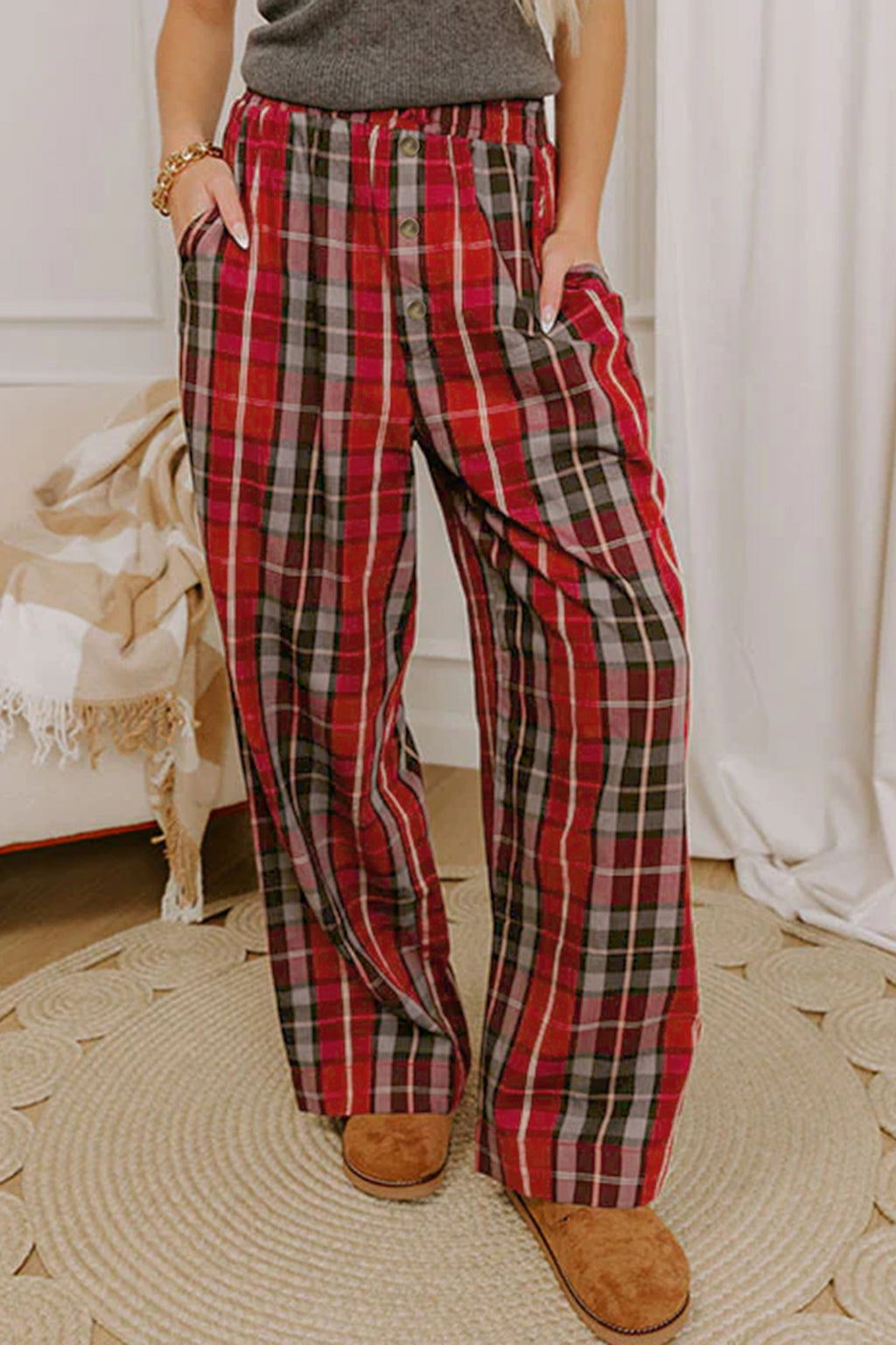 Red Plaid Elastic Waist Pocket Regular Full-Length Pants PREORDER ETA 3 WEEKS