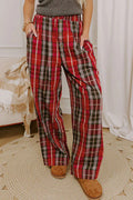 Red Plaid Elastic Waist Pocket Regular Full-Length Pants PREORDER ETA 3 WEEKS