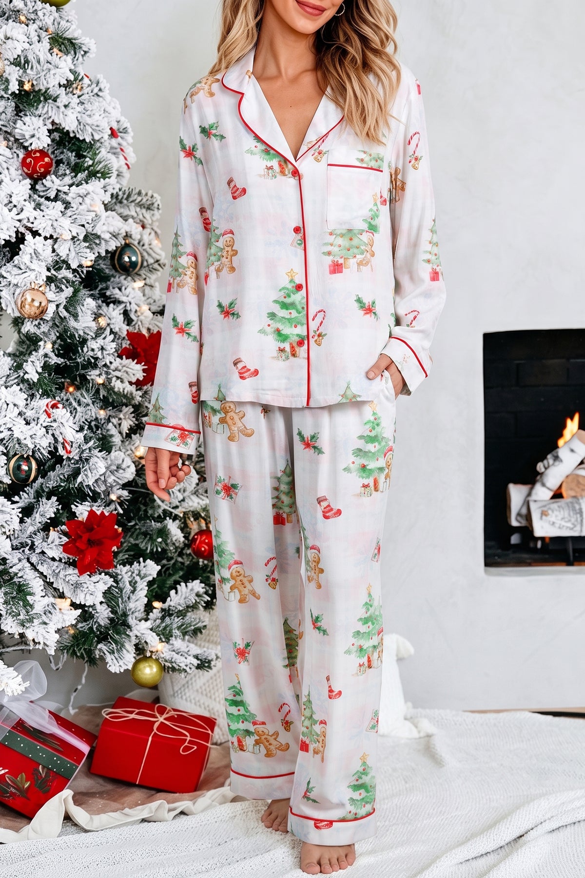 Pink Plaid Snowflake Christmas Gingerbread Man Print Long 2pcs Lounge Set PREORDER ETA 3 WEEKS