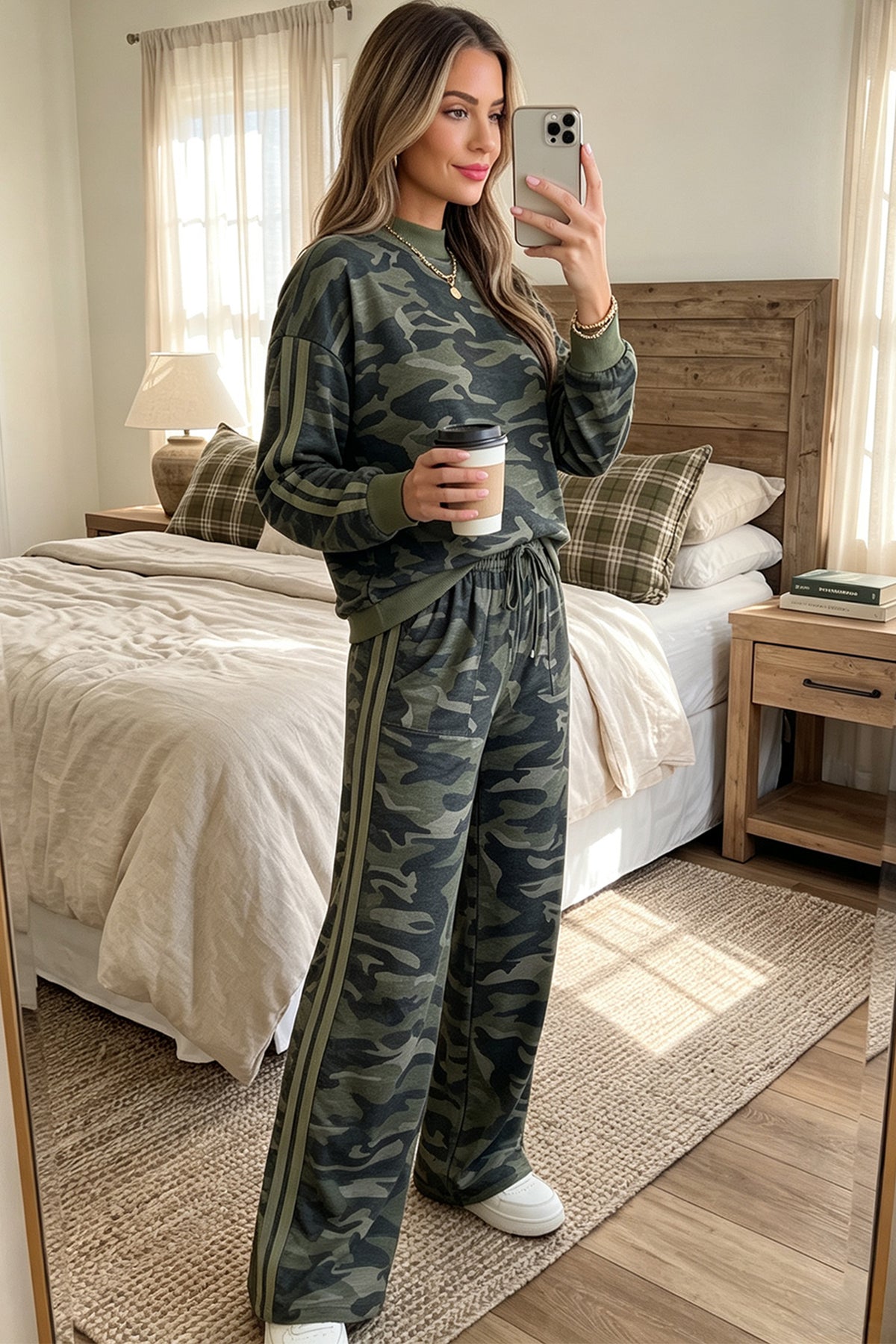Multicolour Camouflage Patchwork Striped Detail Long Sleeve Top Casual Pants Set PREORDER ETA 3 WEEKS