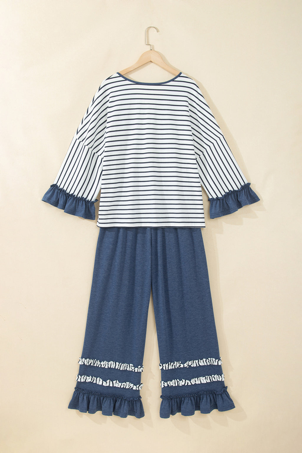Blue Stripe V Neck Ruffle Contrast Sleeve Top Drawstring Pants 2pcs Set PREODER