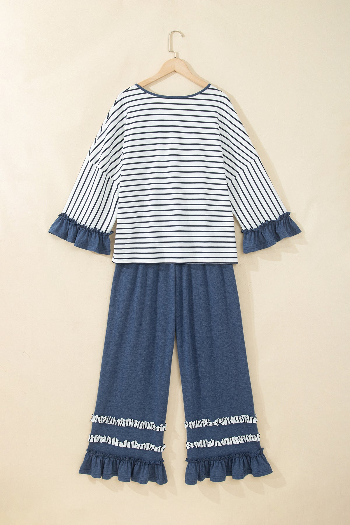 Blue Stripe V Neck Ruffle Contrast Sleeve Top Drawstring Pants 2pcs Set PREODER