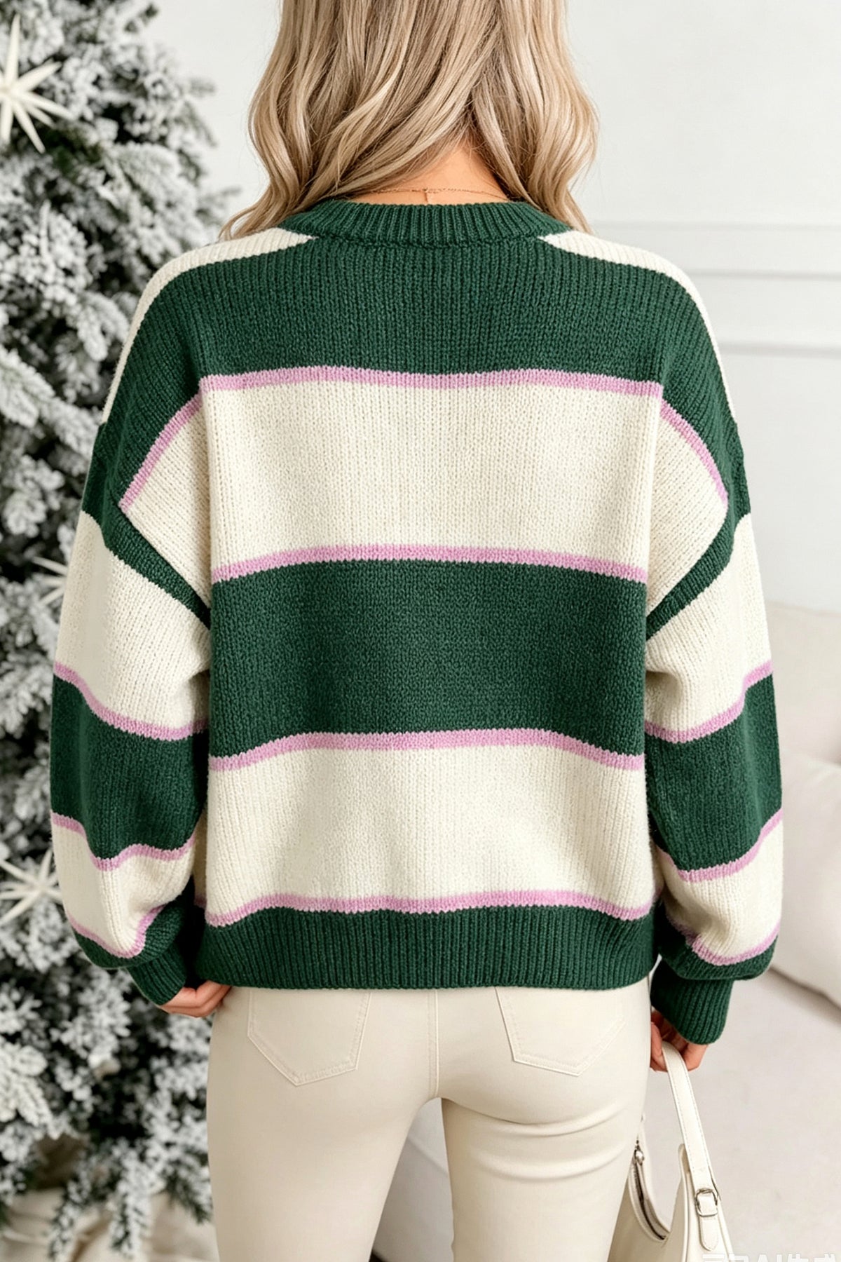 Blackish Green Striped Color Block Knit Dropped Shoulder Loose Pullover Sweater PREORDER ETA 3 WEEKS