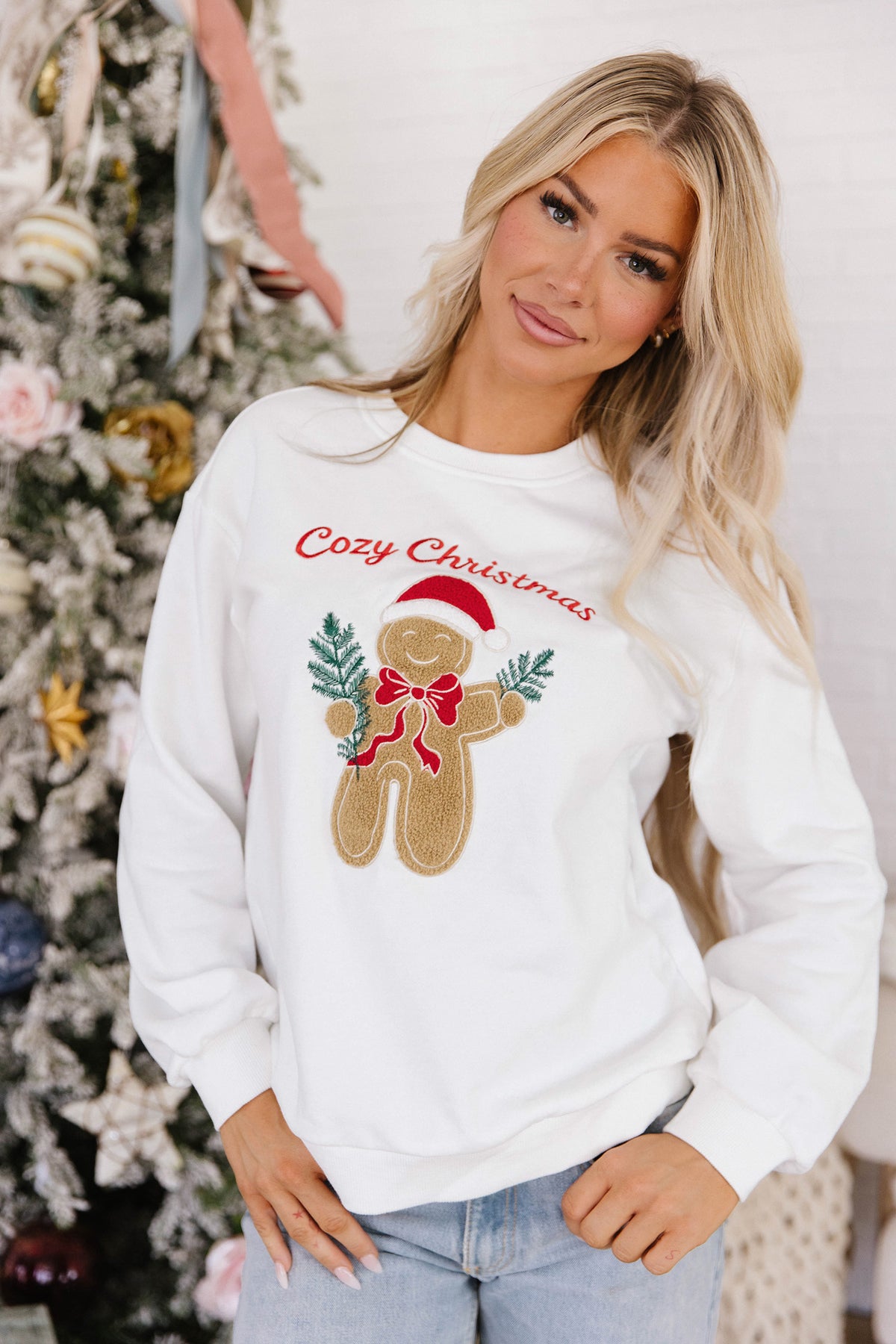 White Embroidered Gingerbread Cozy Christmas Long Sleeve Round Neck Pullover Sweatshirt PREORDER ETA 3 WEEKS