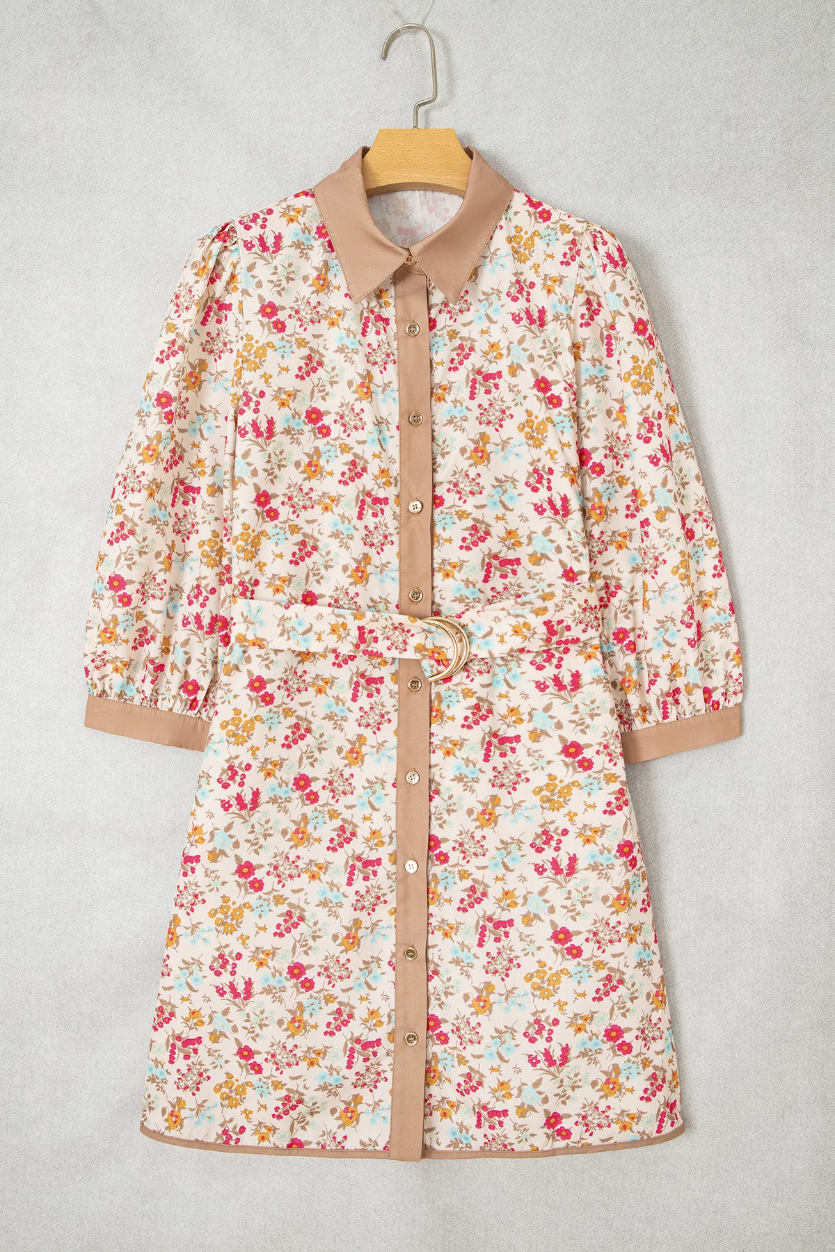 Orange Floral Print Color Block Trim Button Down 3/4 Sleeve Belted Mini Dress PREORDER ETA 3 WEEKS