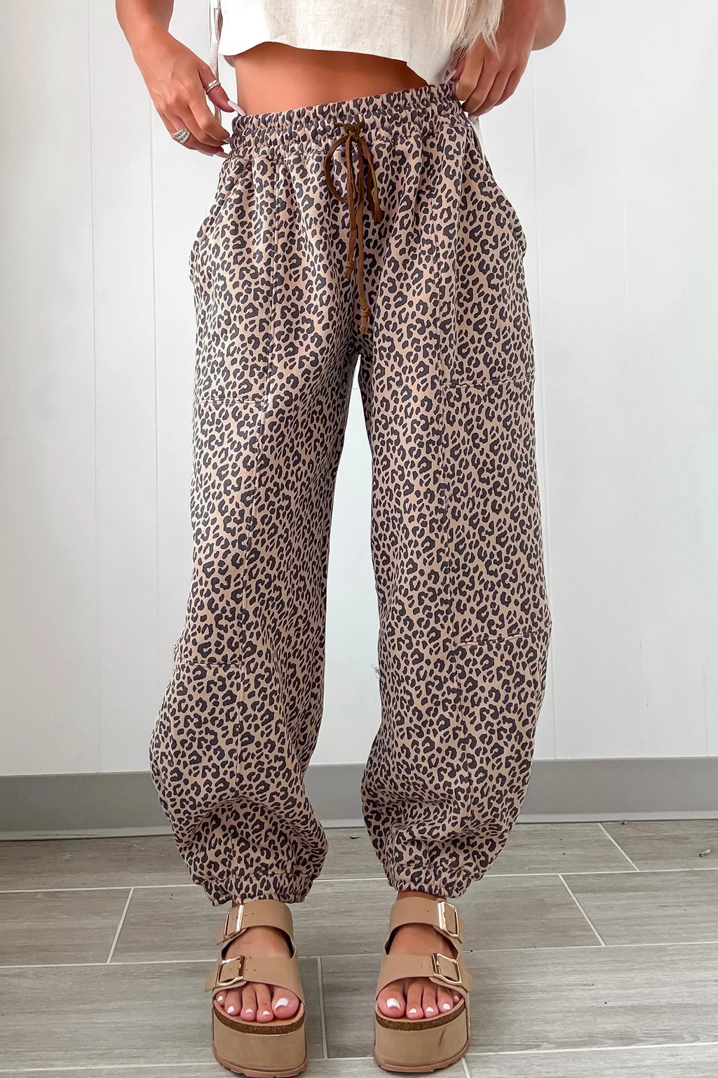 Khaki Leopard Print Elastic Waist Ankle Length Pants PREORDER ETA 3 WEEKS
