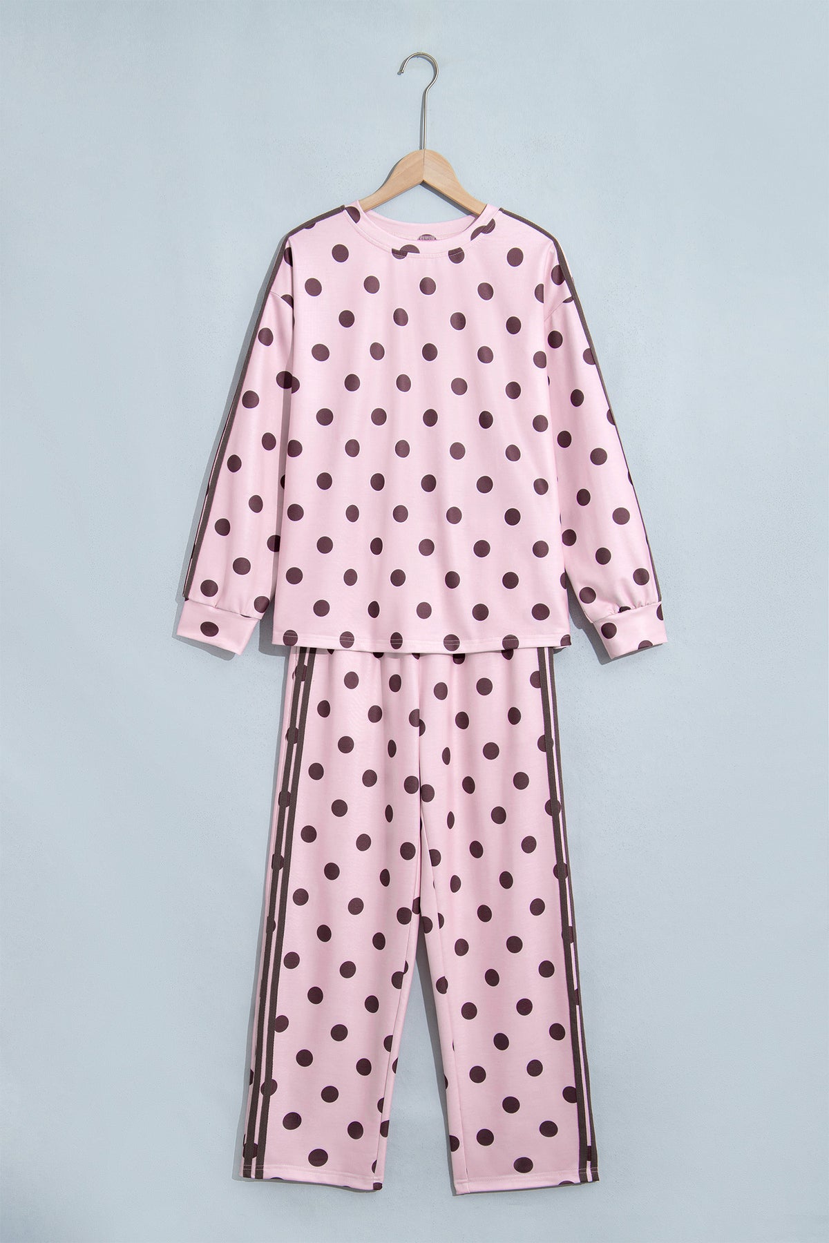 Pink Polka Dot Print Side Stripe Detail Long Sleeve Top Casual Pant Set PREORDER ETA 3 WEEKS