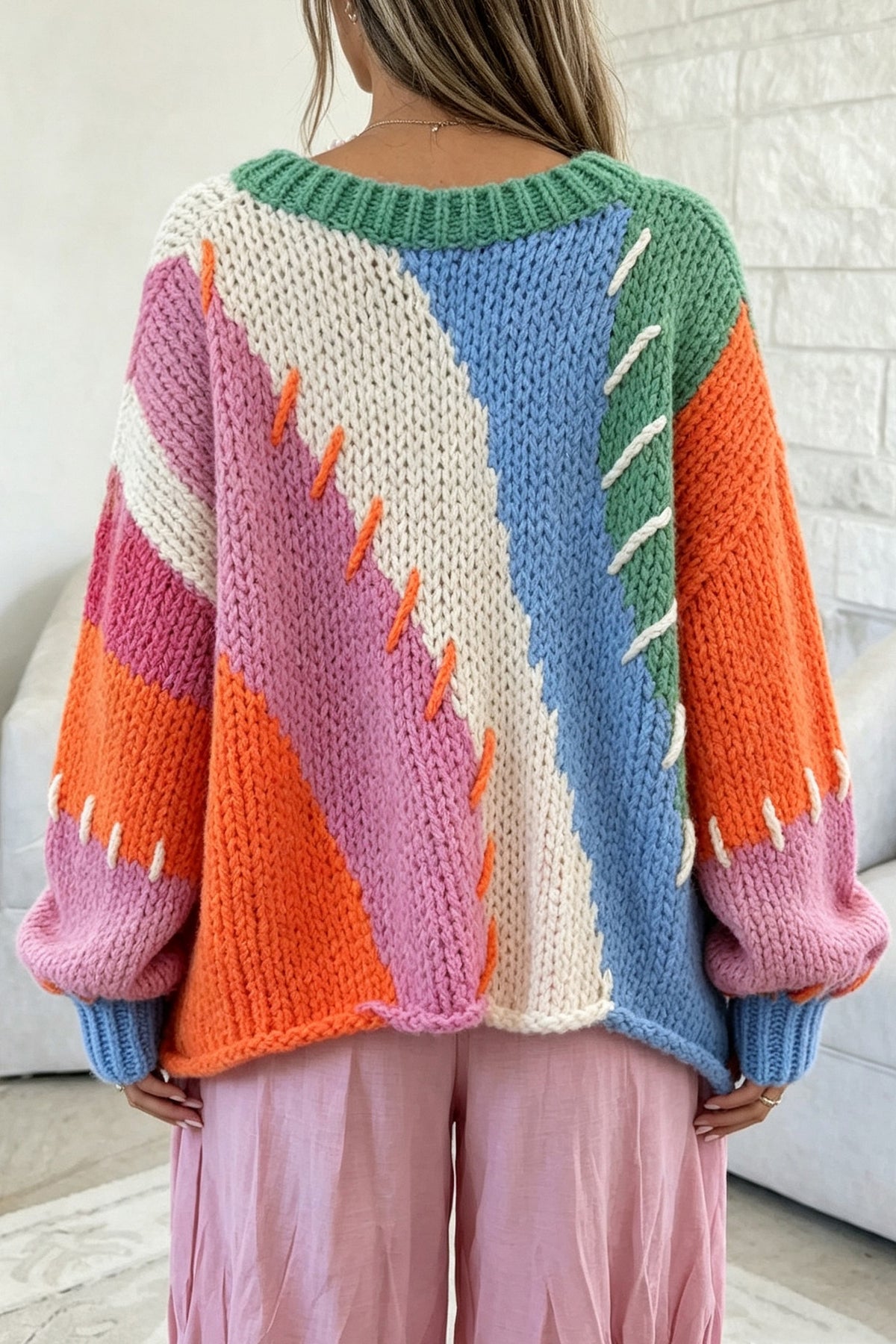 Bonbon Color Block Patchwork Knit Stitched Detail Oversize Sweater PREORDER ETA 3 WEEKS