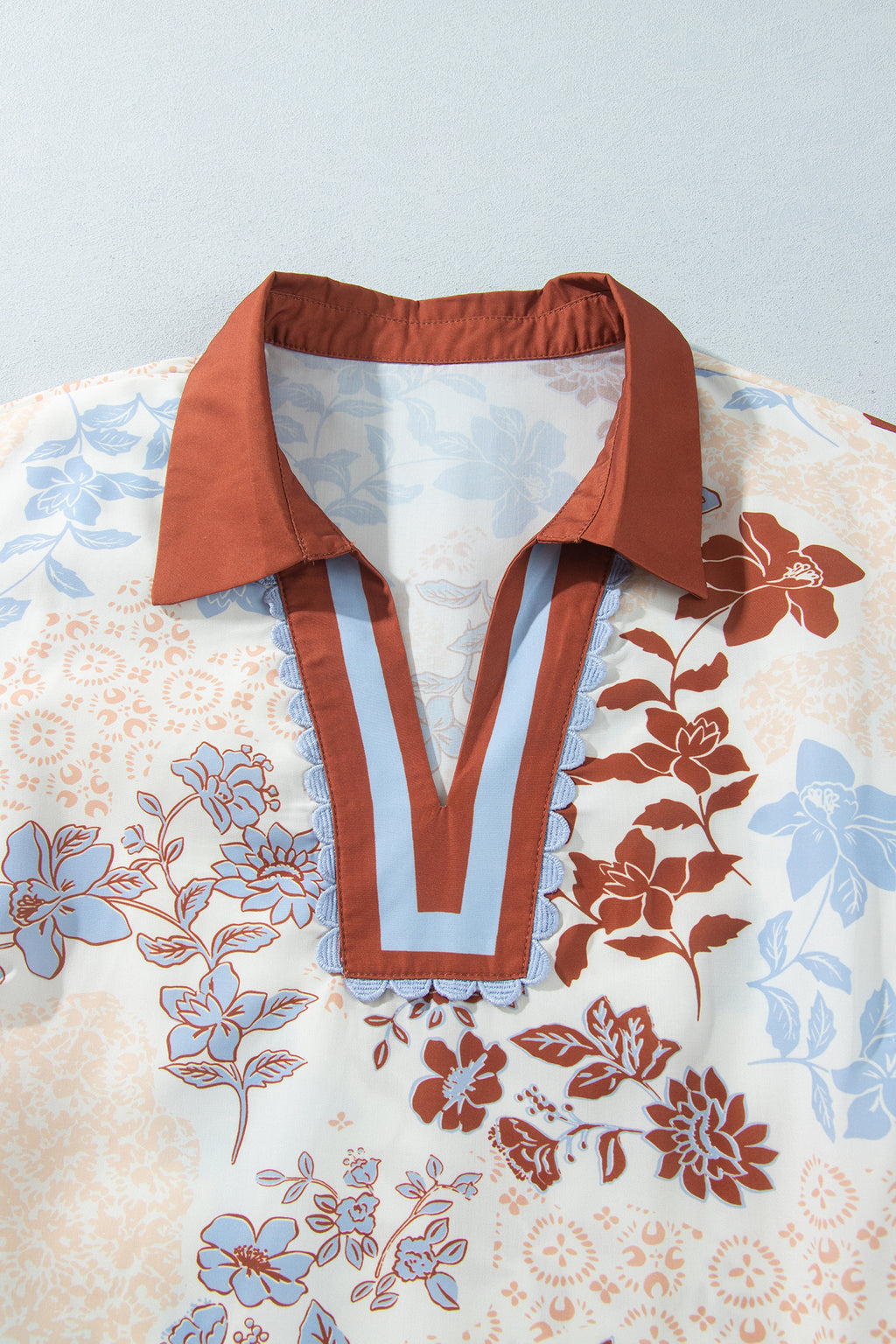 White Plus Size Floral Print Contrast Collar V Neck Long Sleeve Blouse PREORDER ETA 3 WEEKS