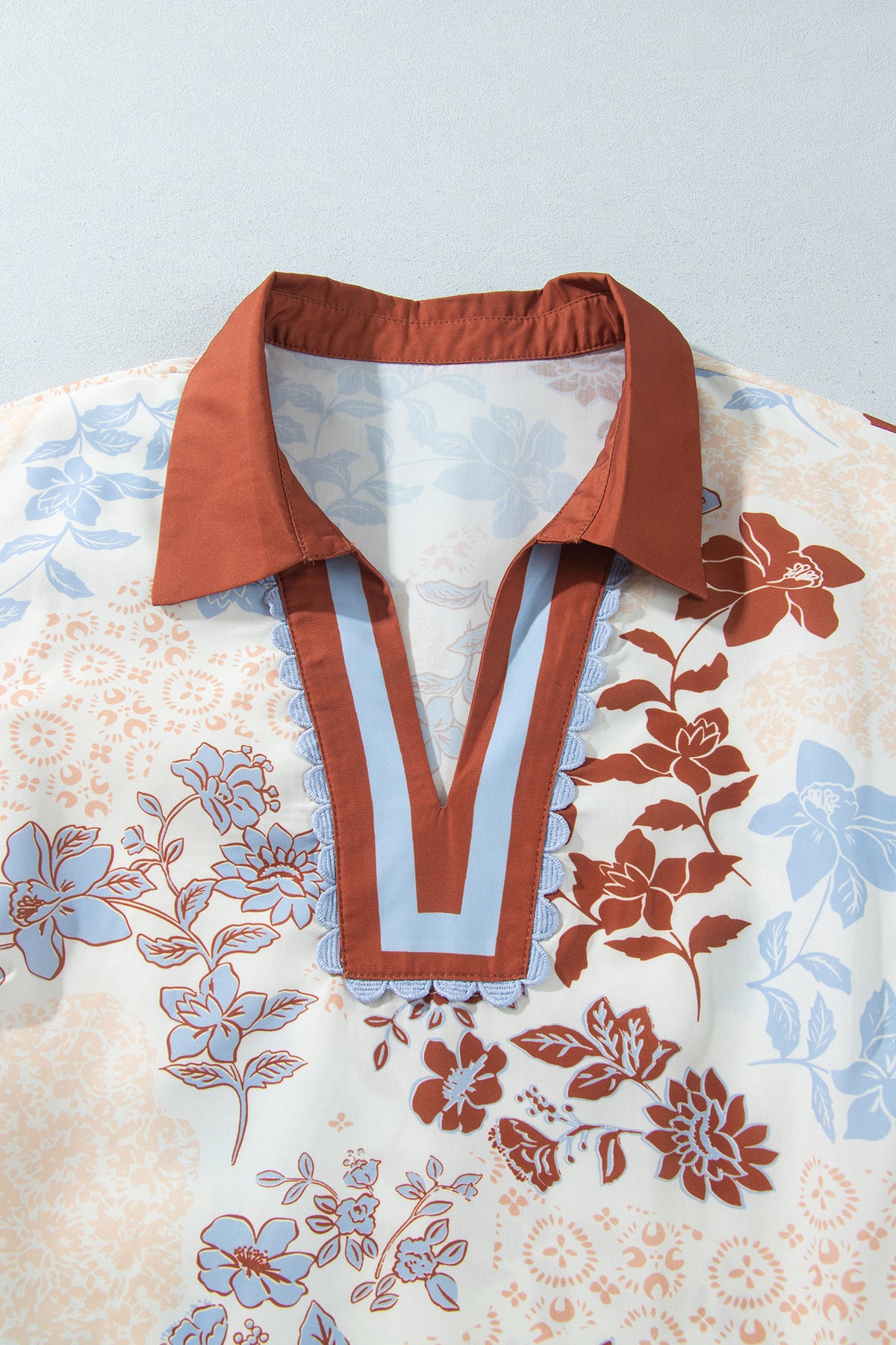 White Plus Size Floral Print Contrast Collar V Neck Long Sleeve Blouse PREORDER ETA 3 WEEKS