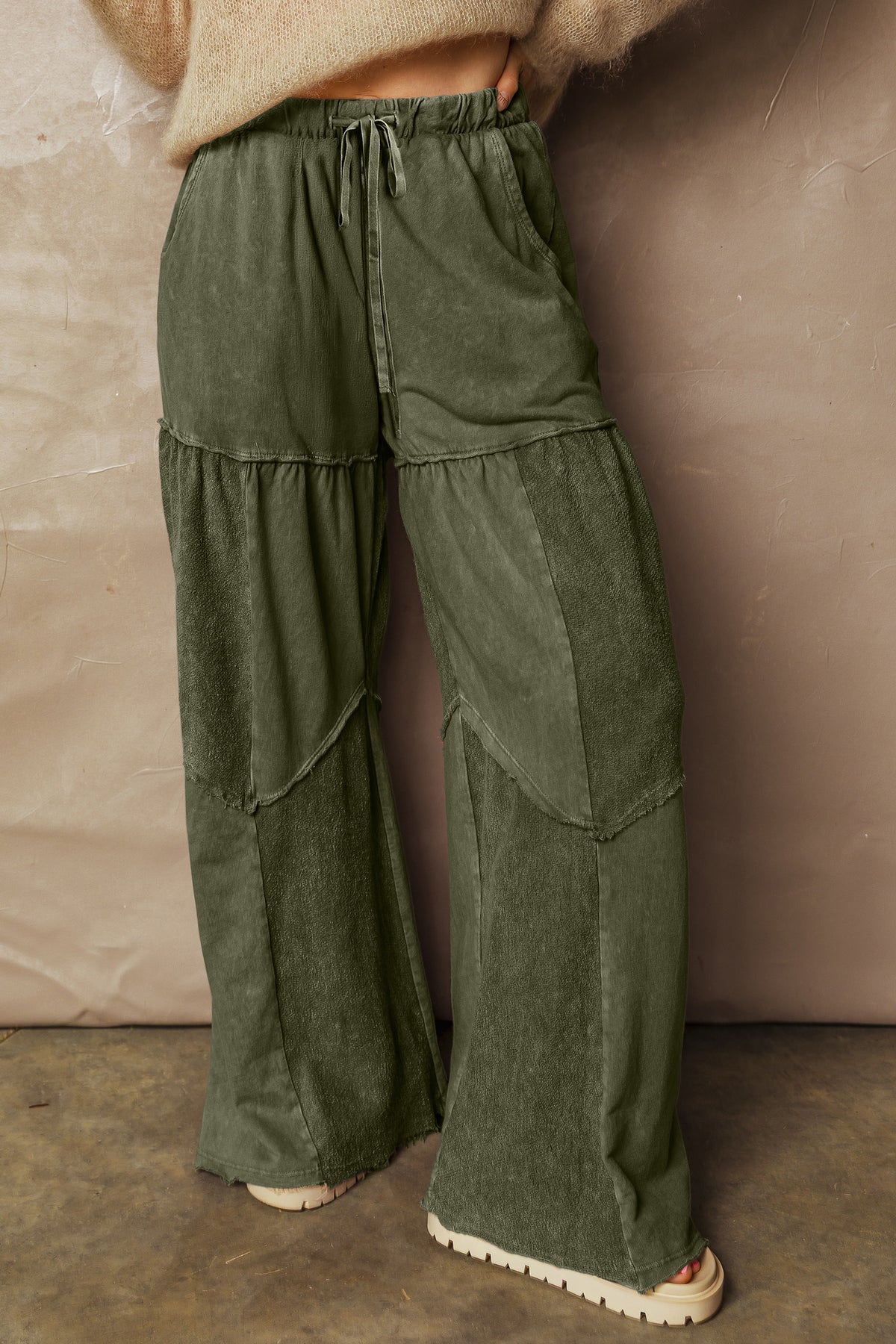 Vineyard Green Mineral Wash Tiered Wide Leg Patchwork Drawstring Pants PREORDER ETA 3 WEEKS