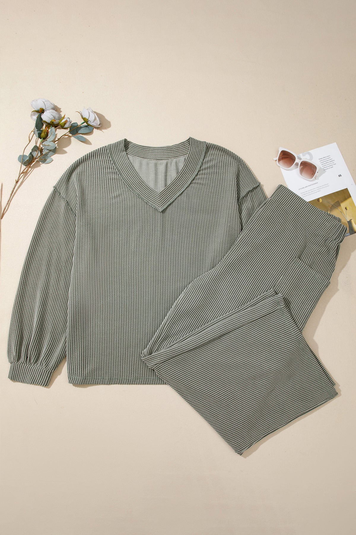 Four Leaf Clover Twisted Ribbed Exposed Seam Detail V Neck Pullover Plus Size Pant Set PREORDER ETA 3 WEEKS