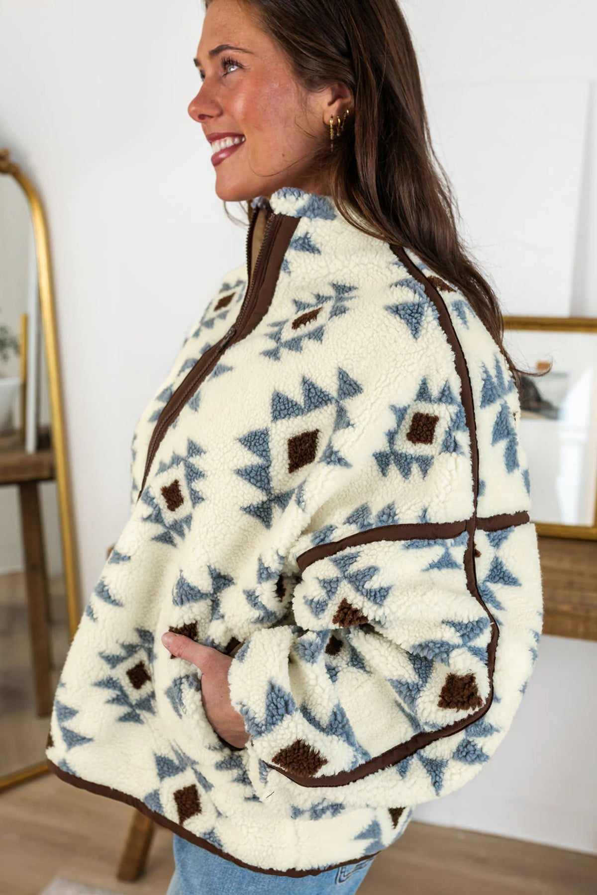 Beige Geometric Print Sherpa Western Style Long Sleeve Sweatshirt PREORDER ETA 3 WEEKS