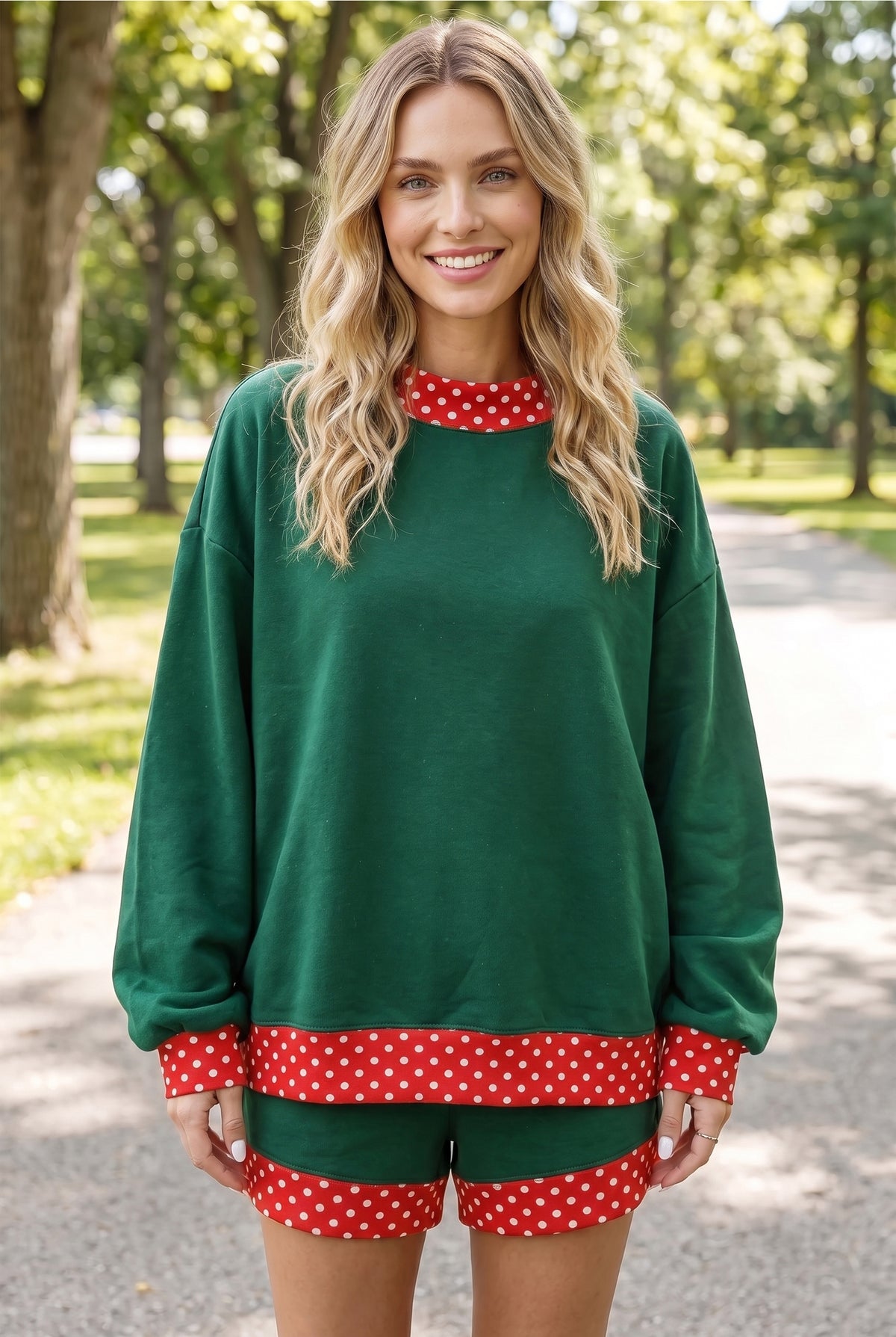 Evergreen Polka Dot Trim Baggy Pullover 2pcs Short Set PREORDER ETA 3 WEEKS