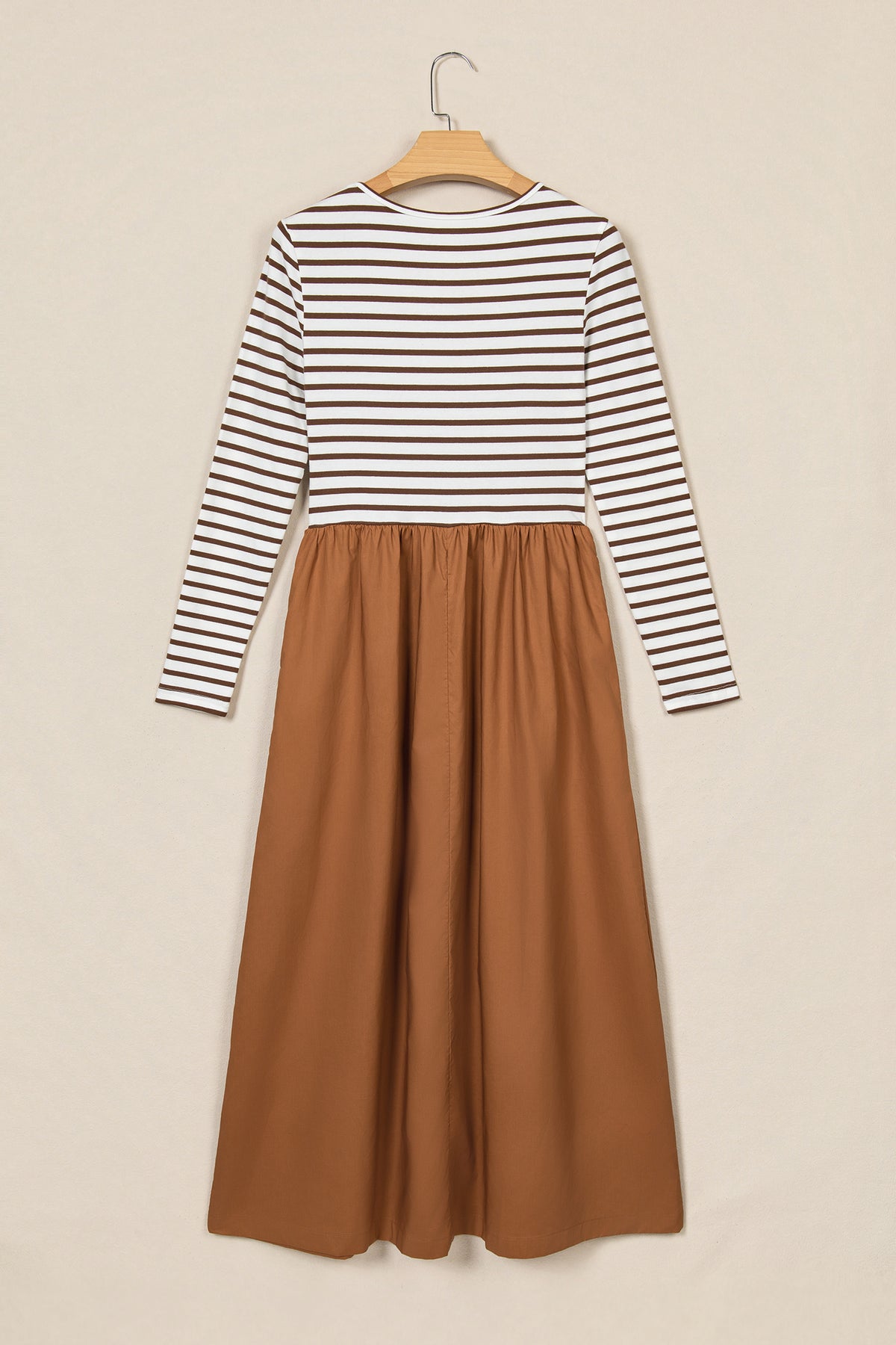 Brown Stripe Ribbed Knit Long Sleeve Bodice Contrast Patchwork Flared Dress PREODER
